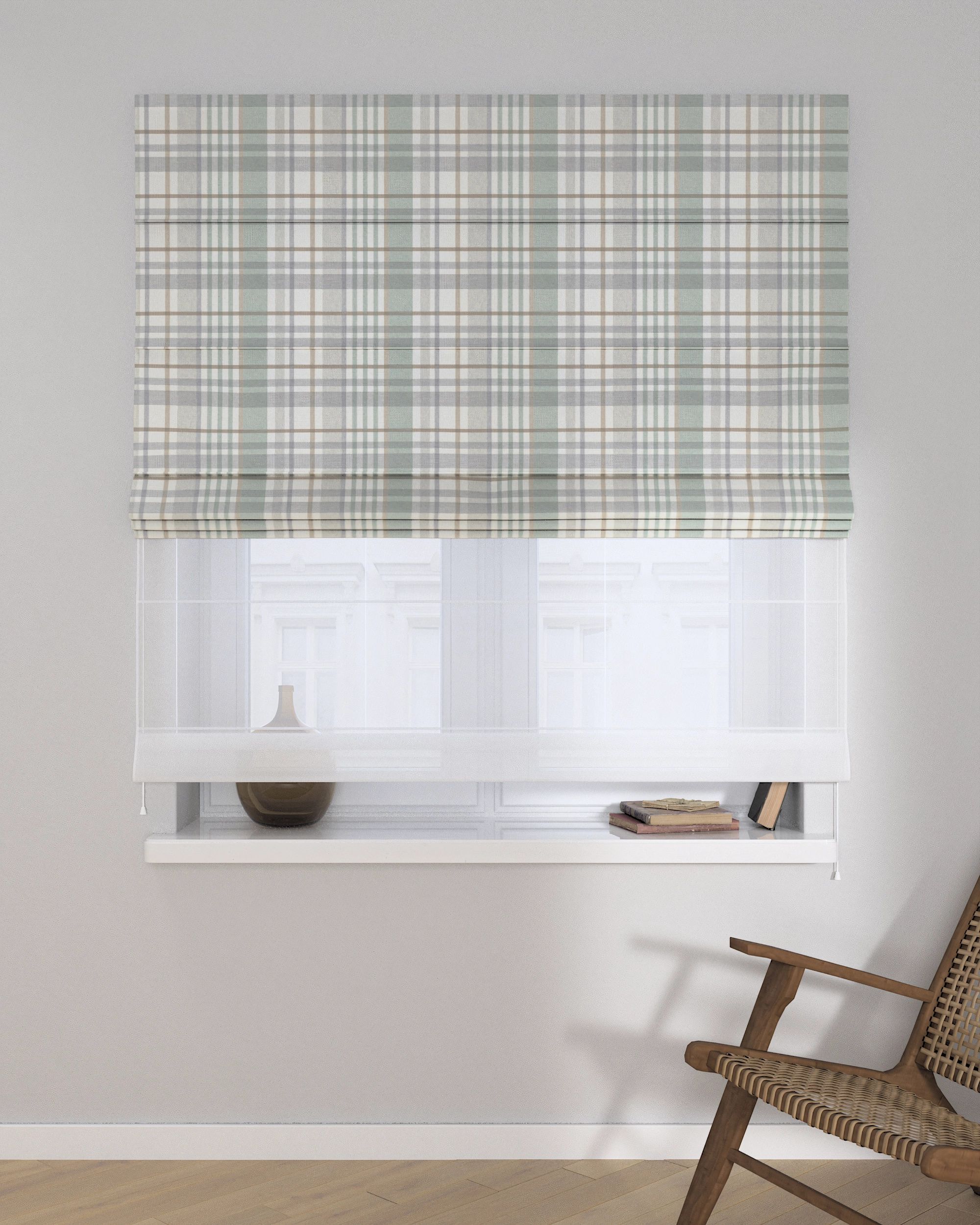 Double layered Roman blind DUO colour green fabric patterned