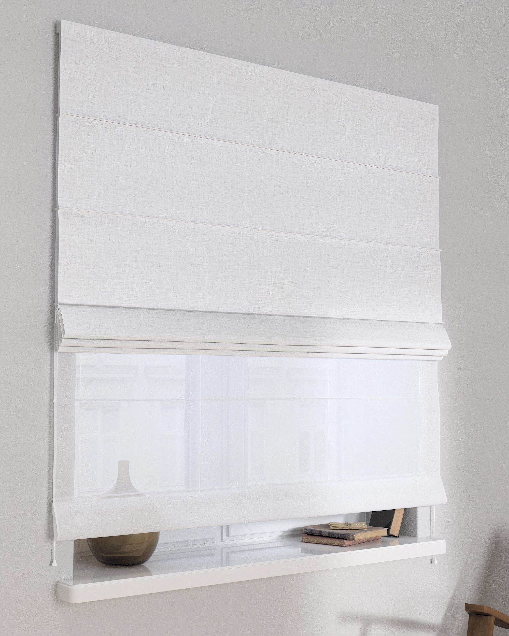 Double layered Roman blind DUO colour white fabric structured