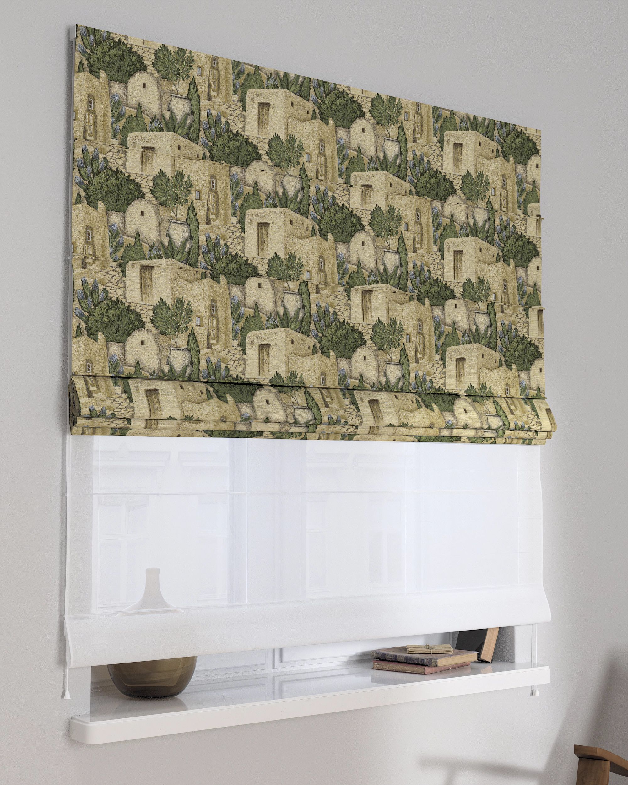 Double layered Roman blind DUO colour beige fabric structured, patterned
