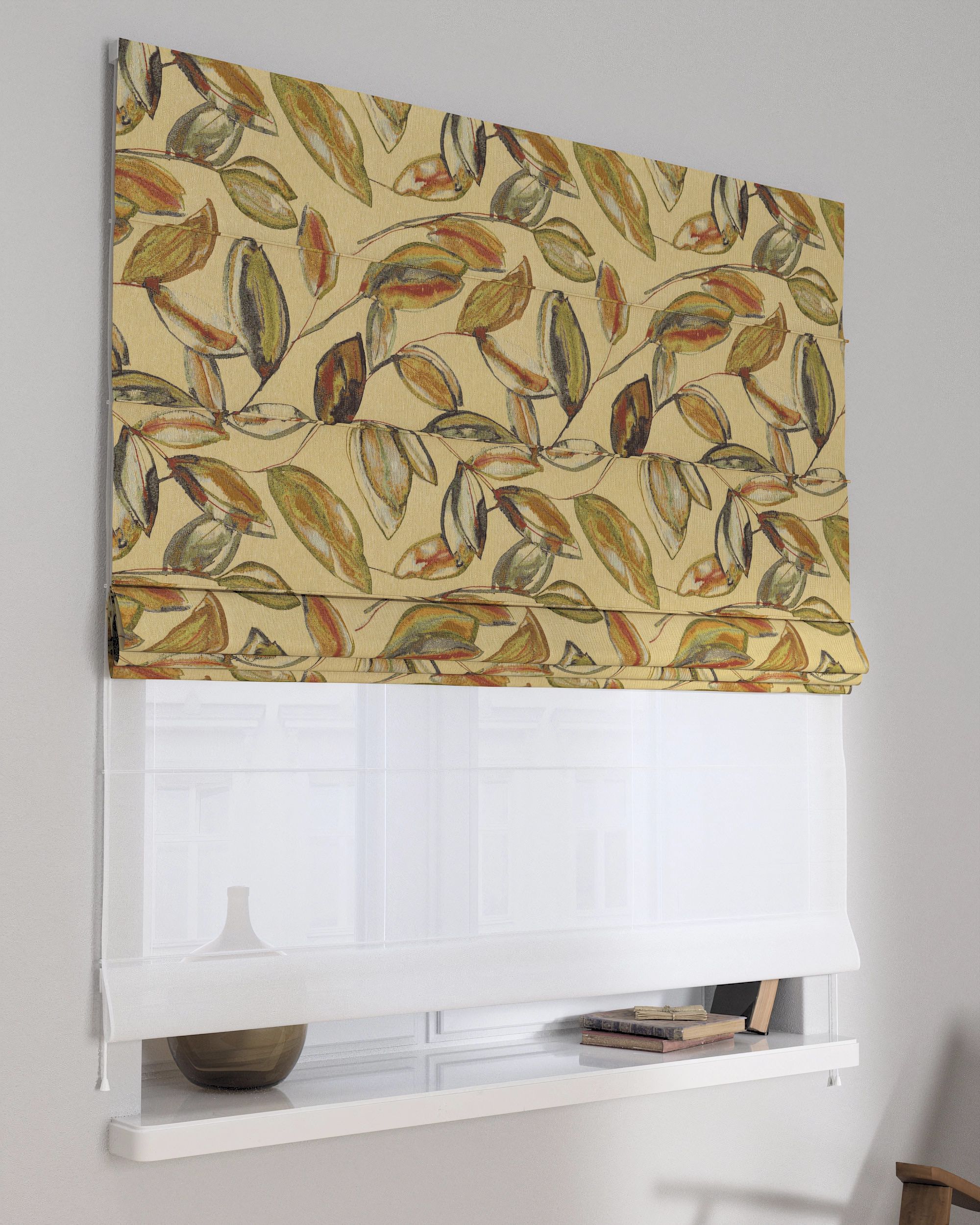Double layered Roman blind DUO colour beige fabric structured, patterned