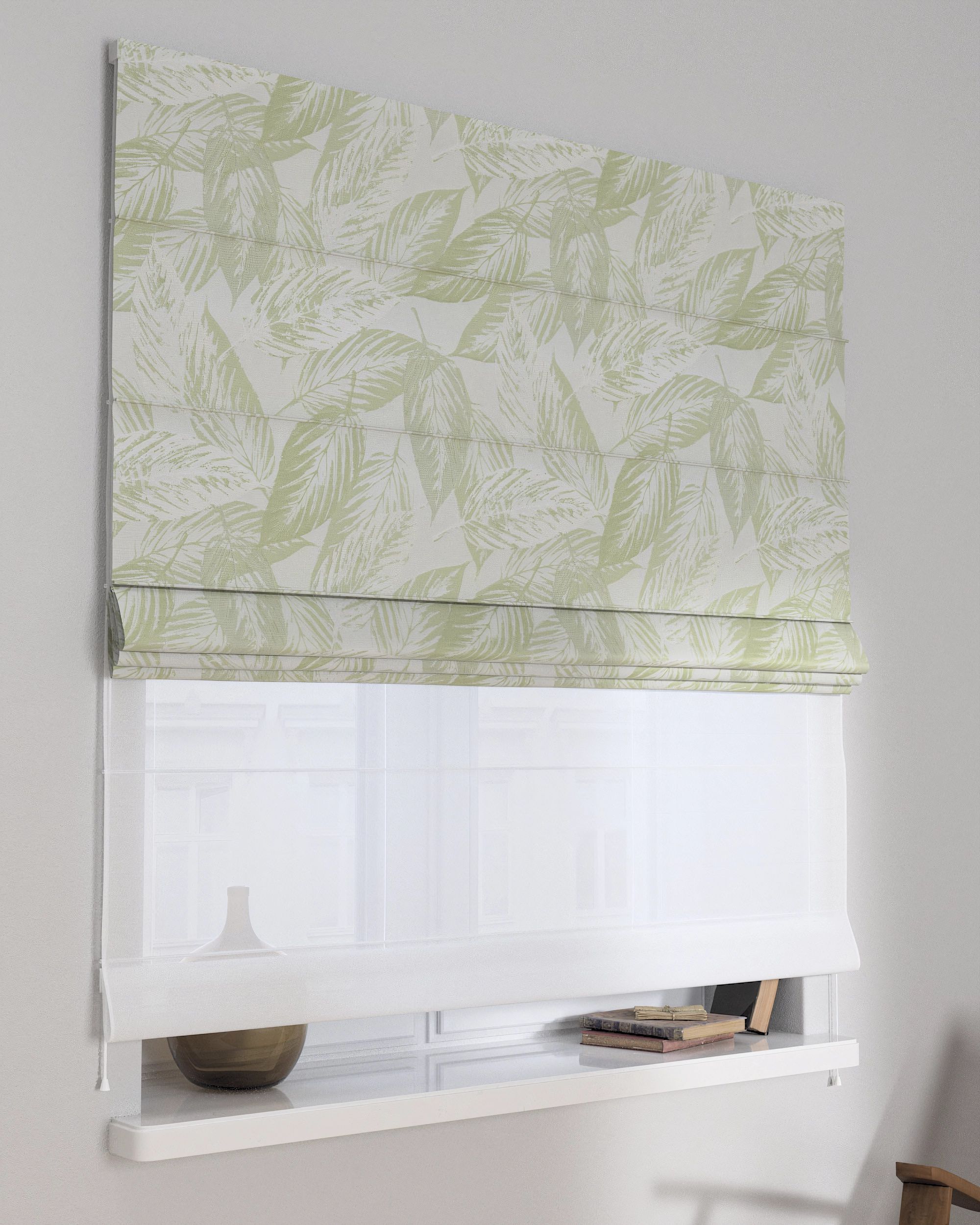 Double layered Roman blind DUO colour green fabric gloss, structured, patterned