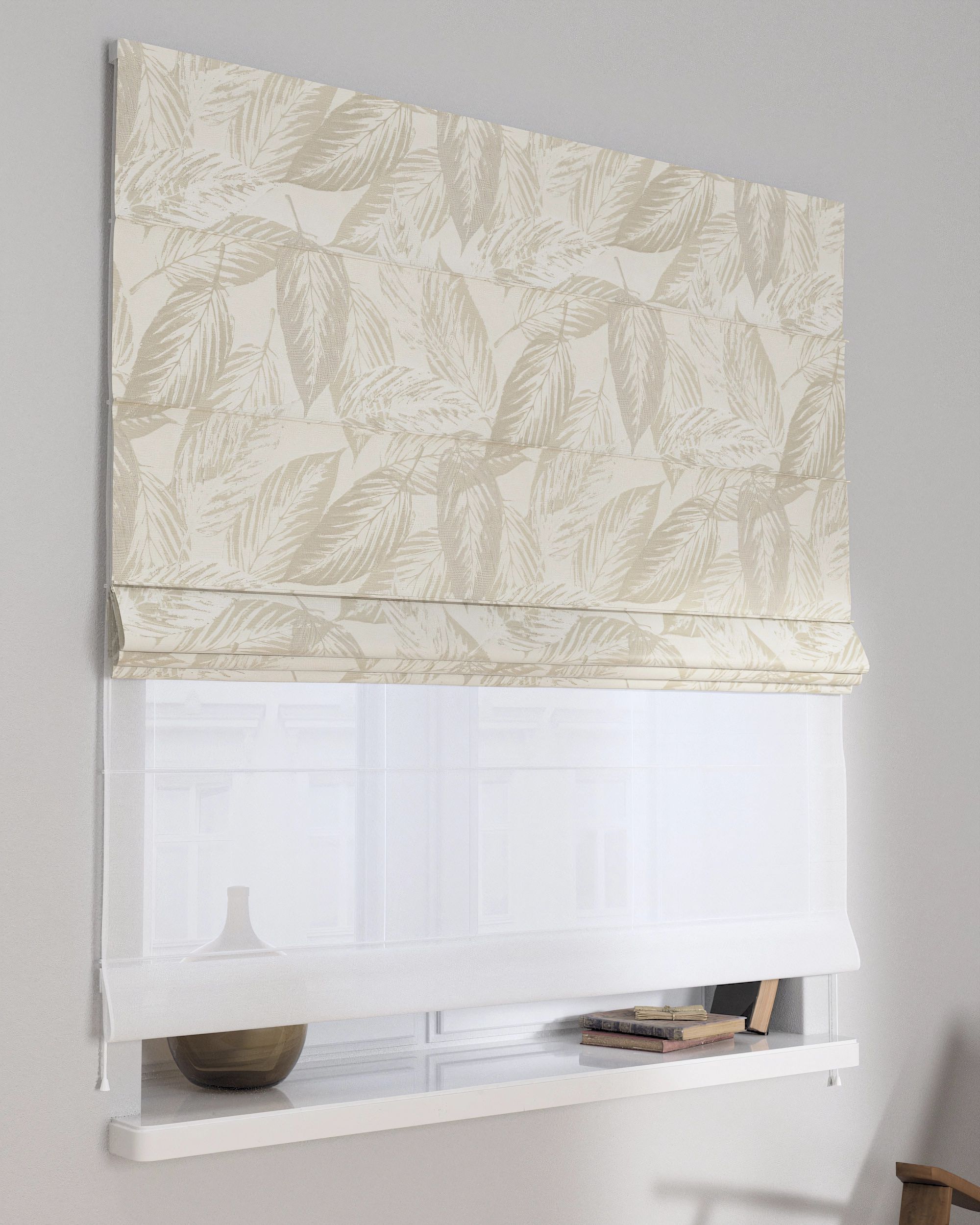 Double layered Roman blind DUO colour green fabric gloss, structured, patterned