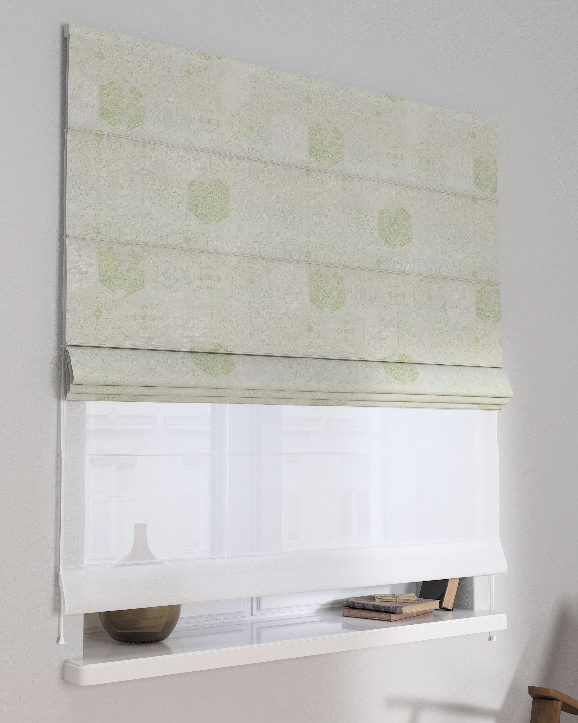 Double layered Roman blind DUO colour green fabric gloss, structured, patterned