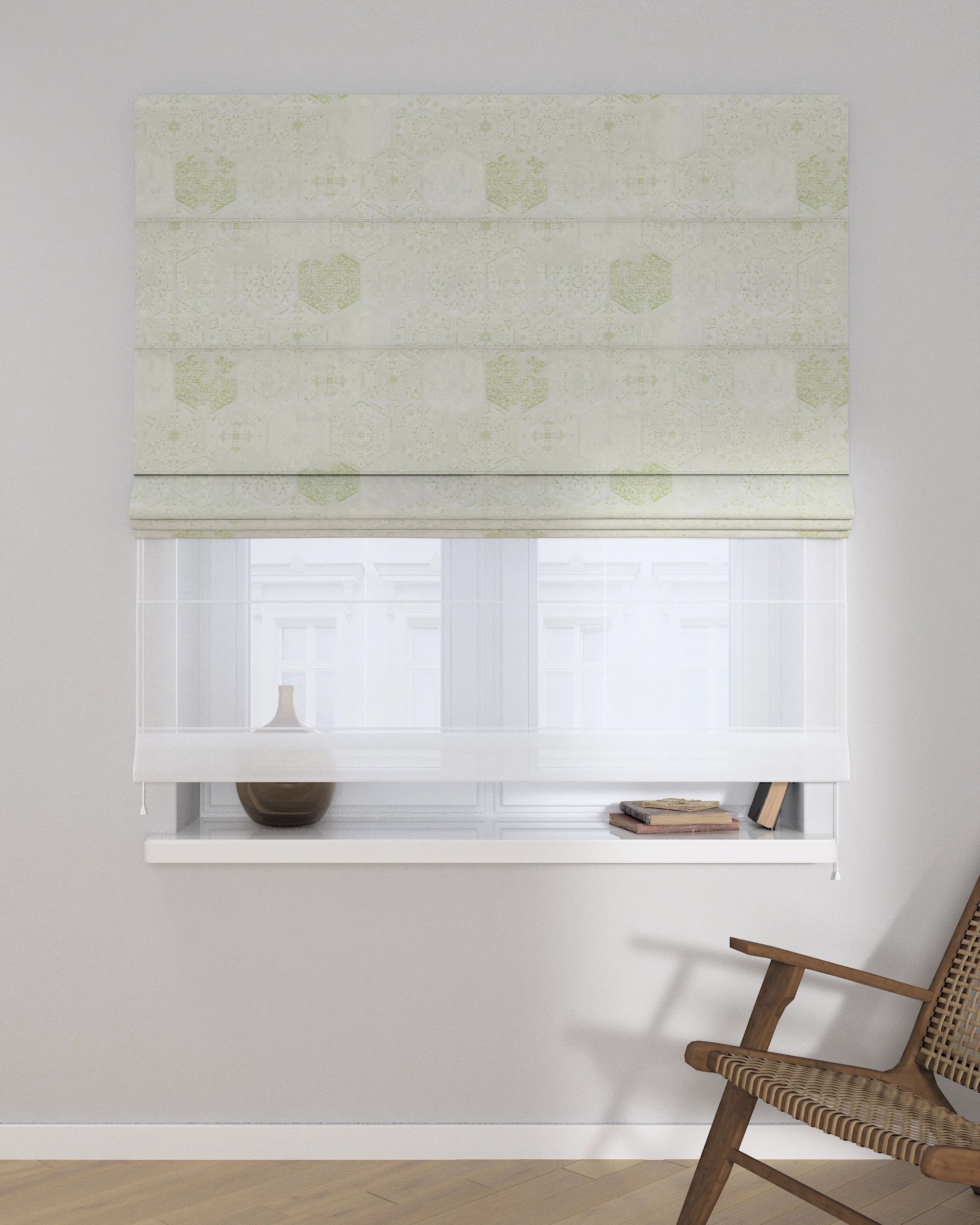 Double layered Roman blind DUO colour green fabric gloss, structured, patterned (hover)