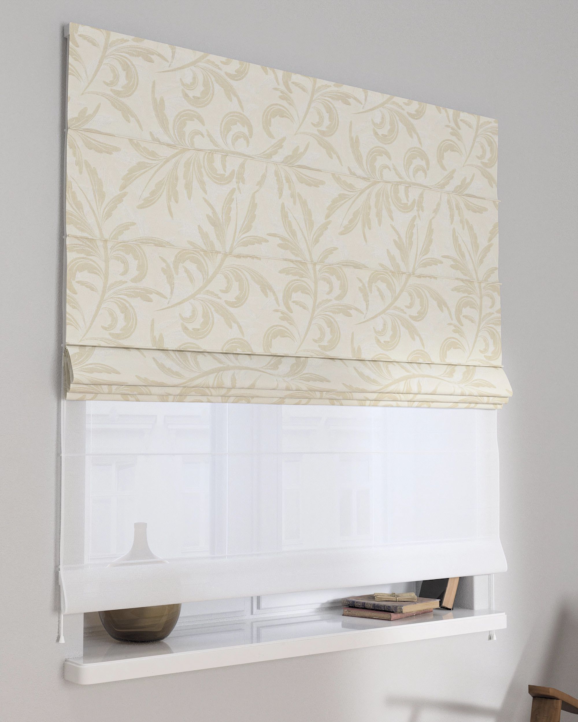 Double layered Roman blind DUO colour grey fabric gloss, structured, patterned
