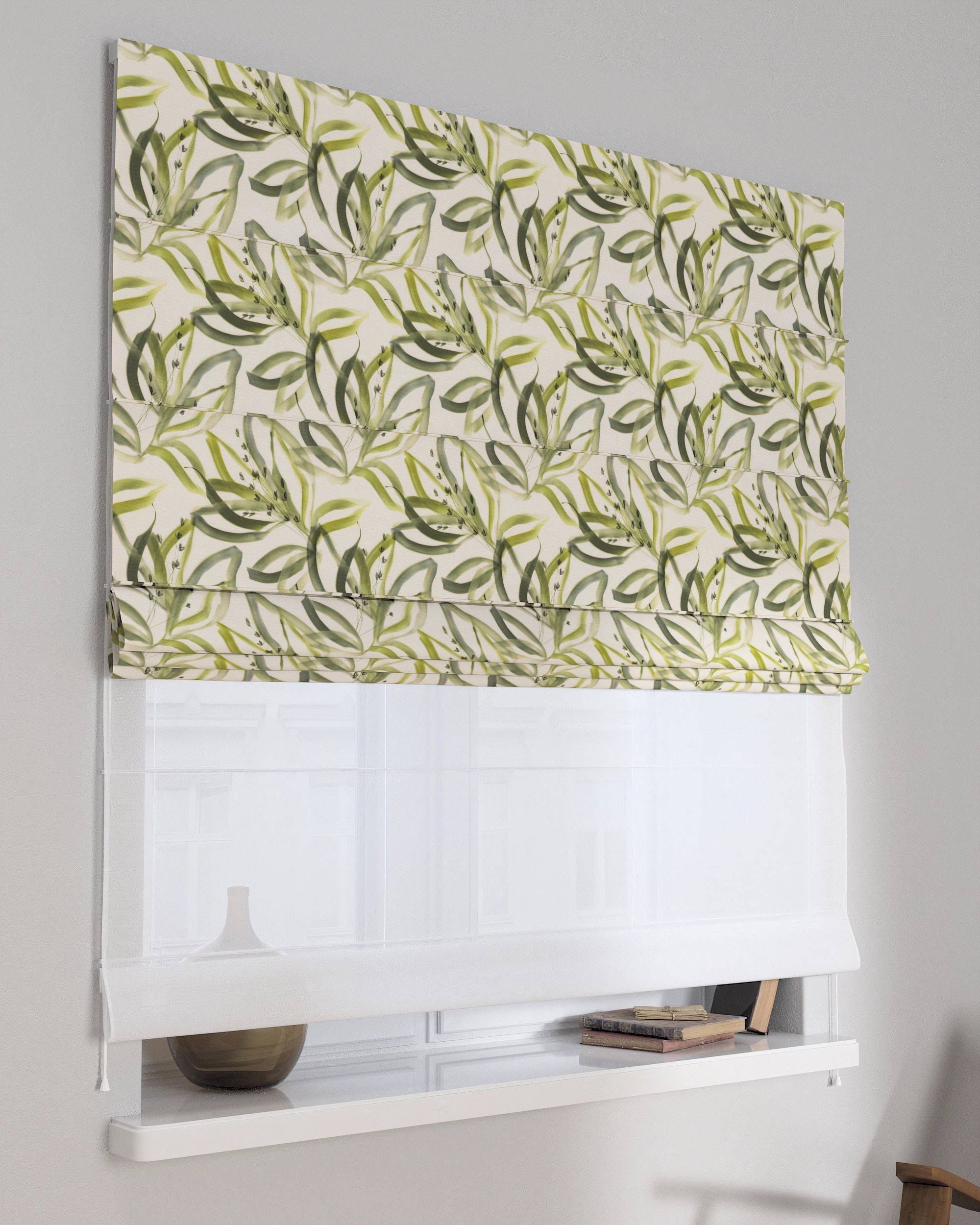Double layered Roman blind DUO colour green fabric patterned