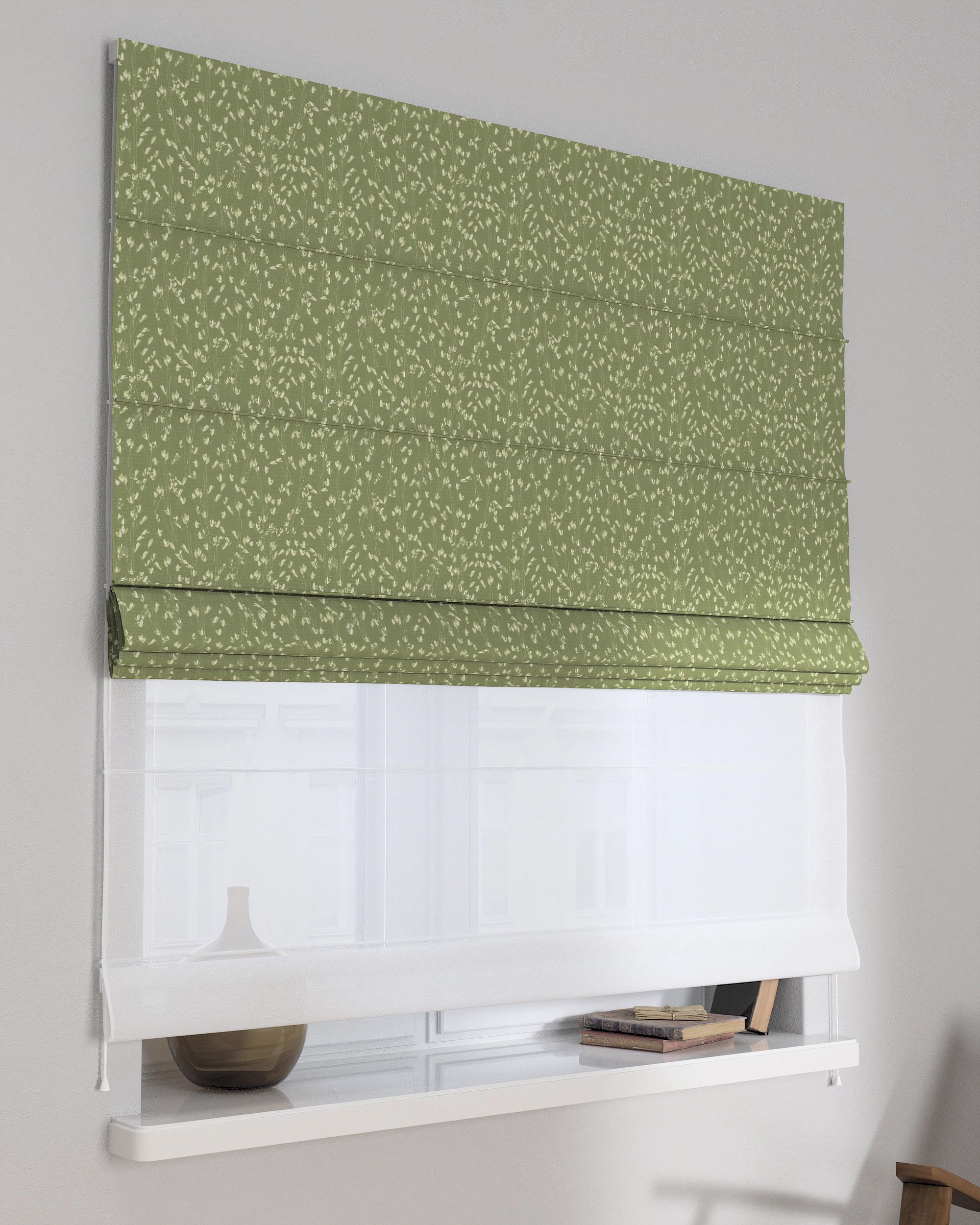 Double layered Roman blind DUO colour green fabric patterned