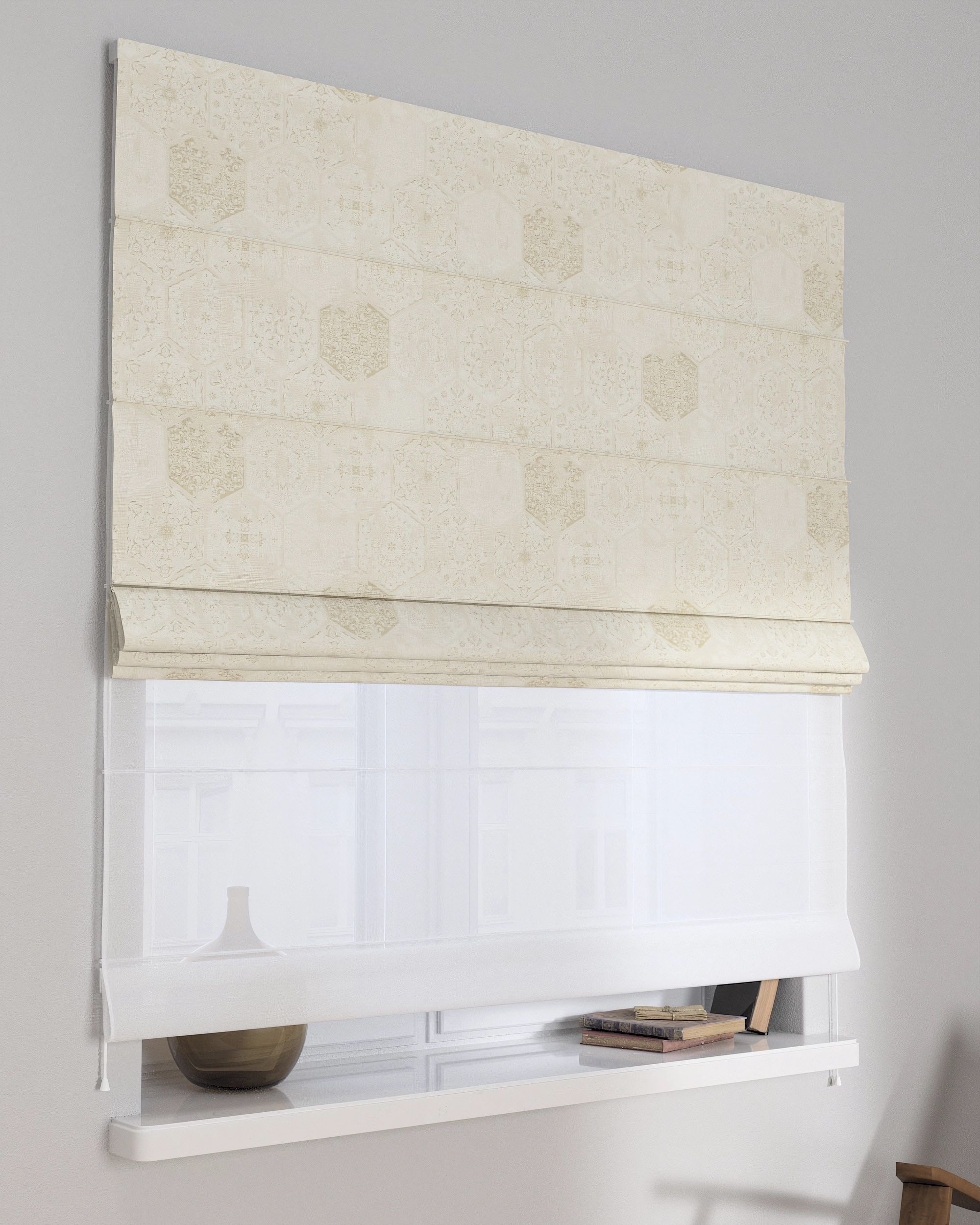 Double layered Roman blind DUO colour cream fabric gloss, structured, patterned