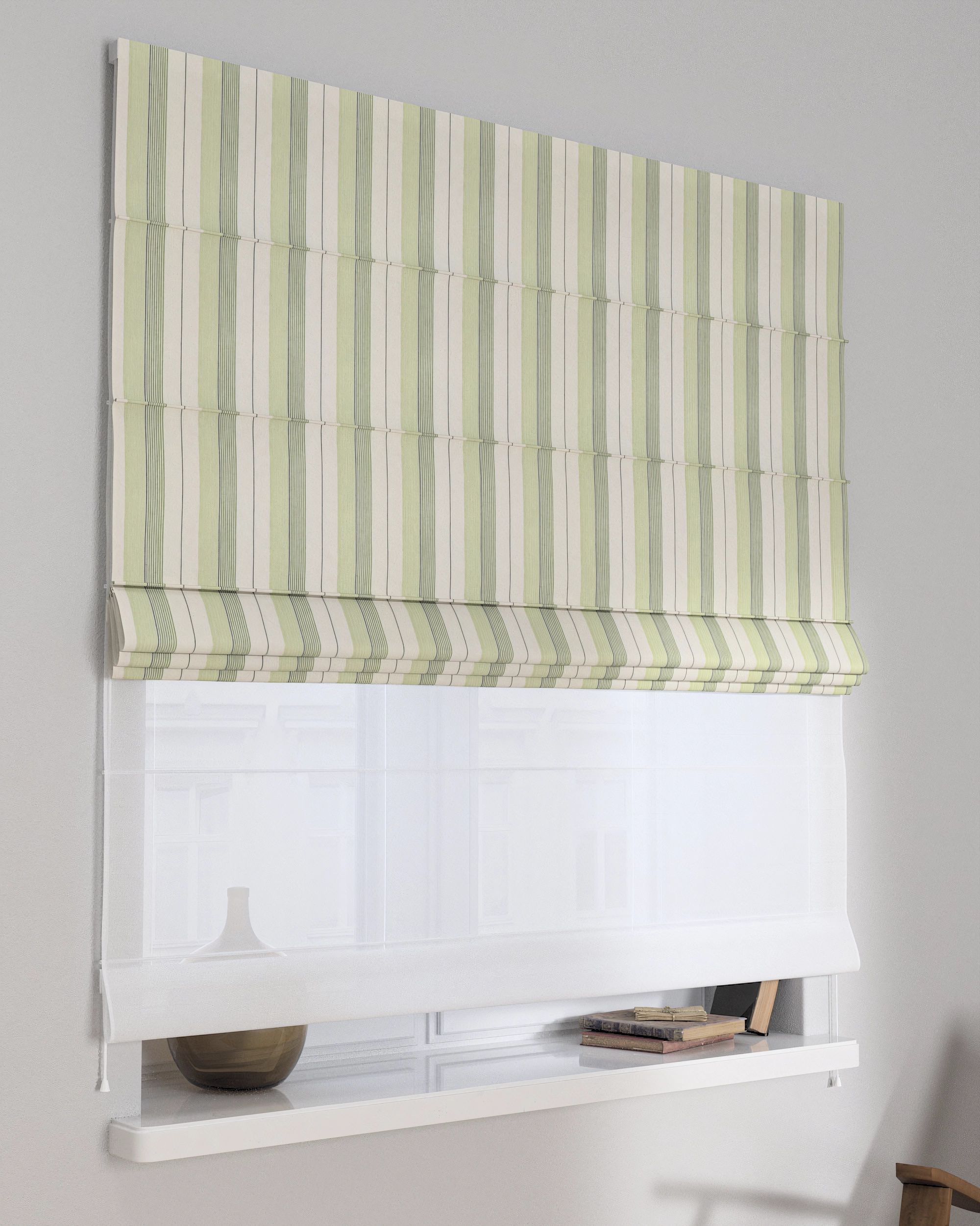 Double layered Roman blind DUO colour green fabric structured, patterned
