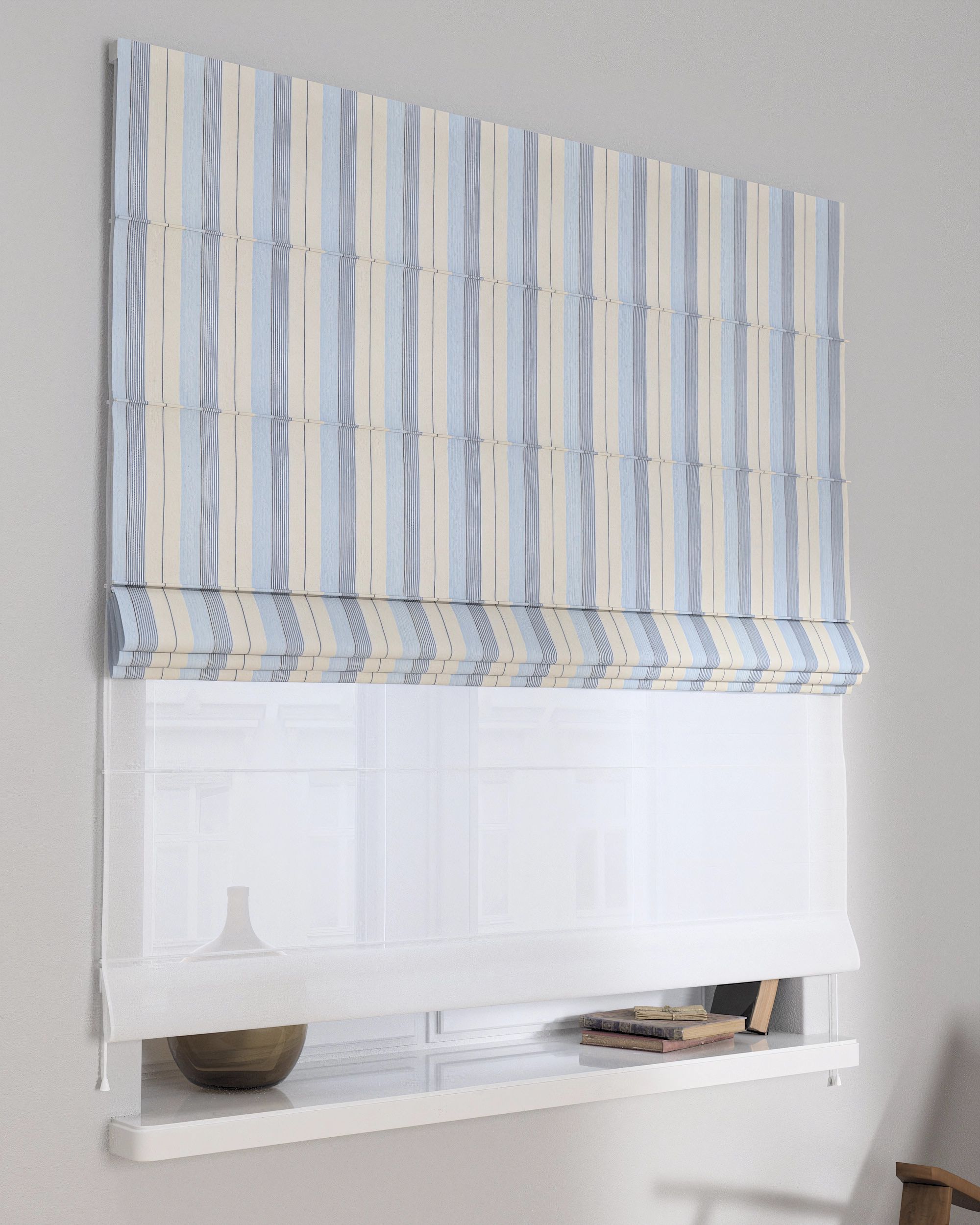 Double layered Roman blind DUO colour blue fabric structured, patterned
