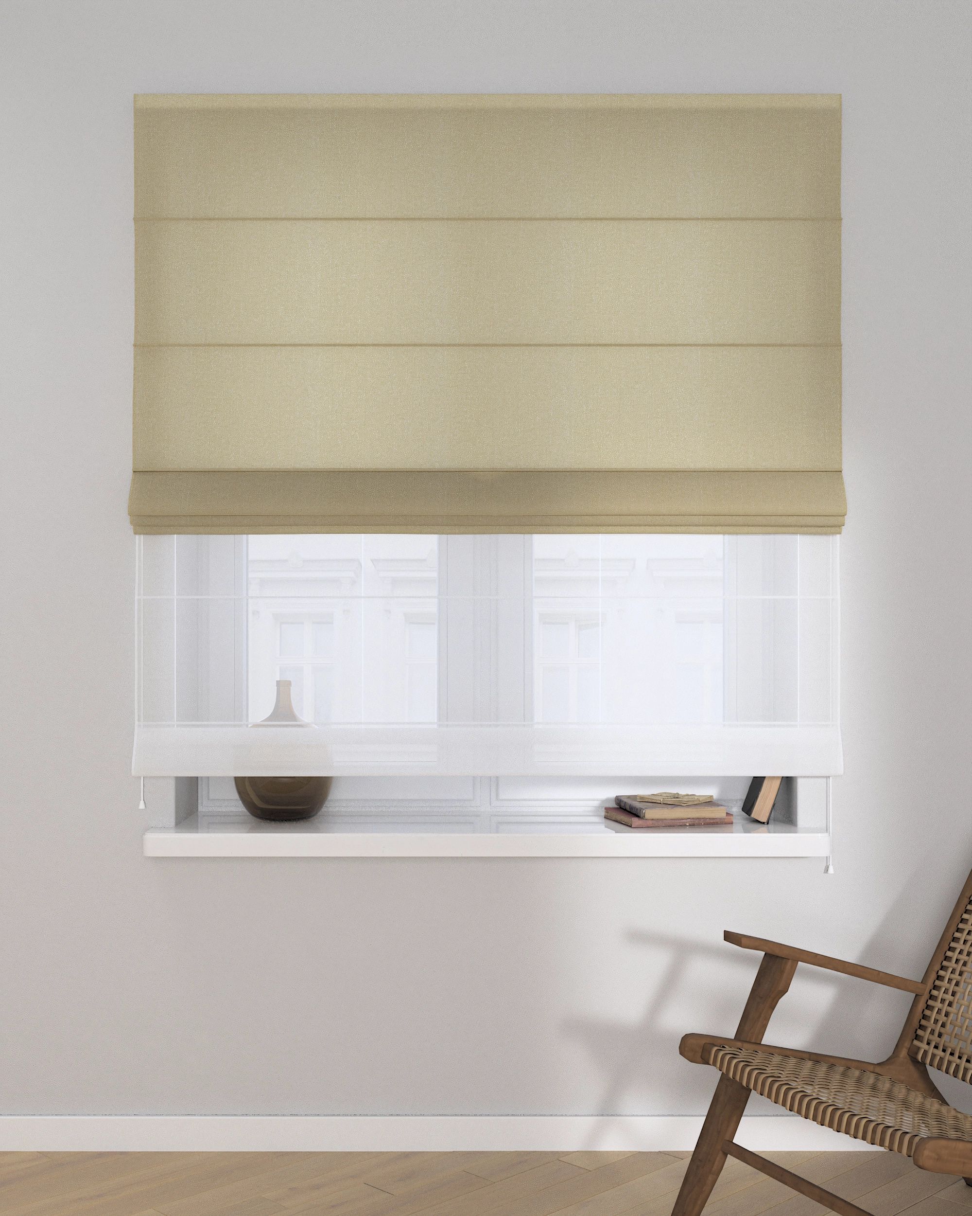 Double layered Roman blind DUO colour beige fabric semi-sheer, gloss, structured