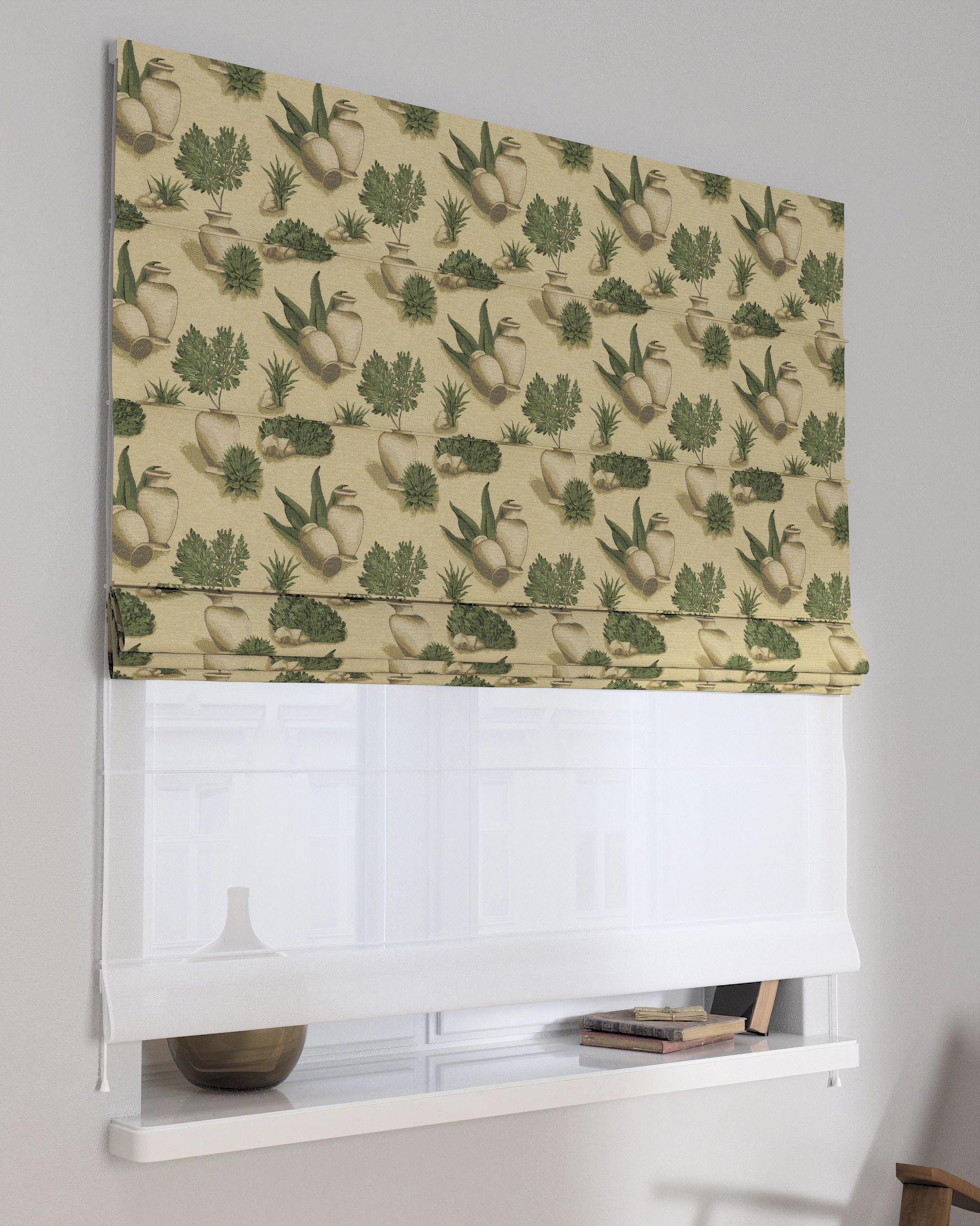 Double layered Roman blind DUO colour beige fabric structured, patterned