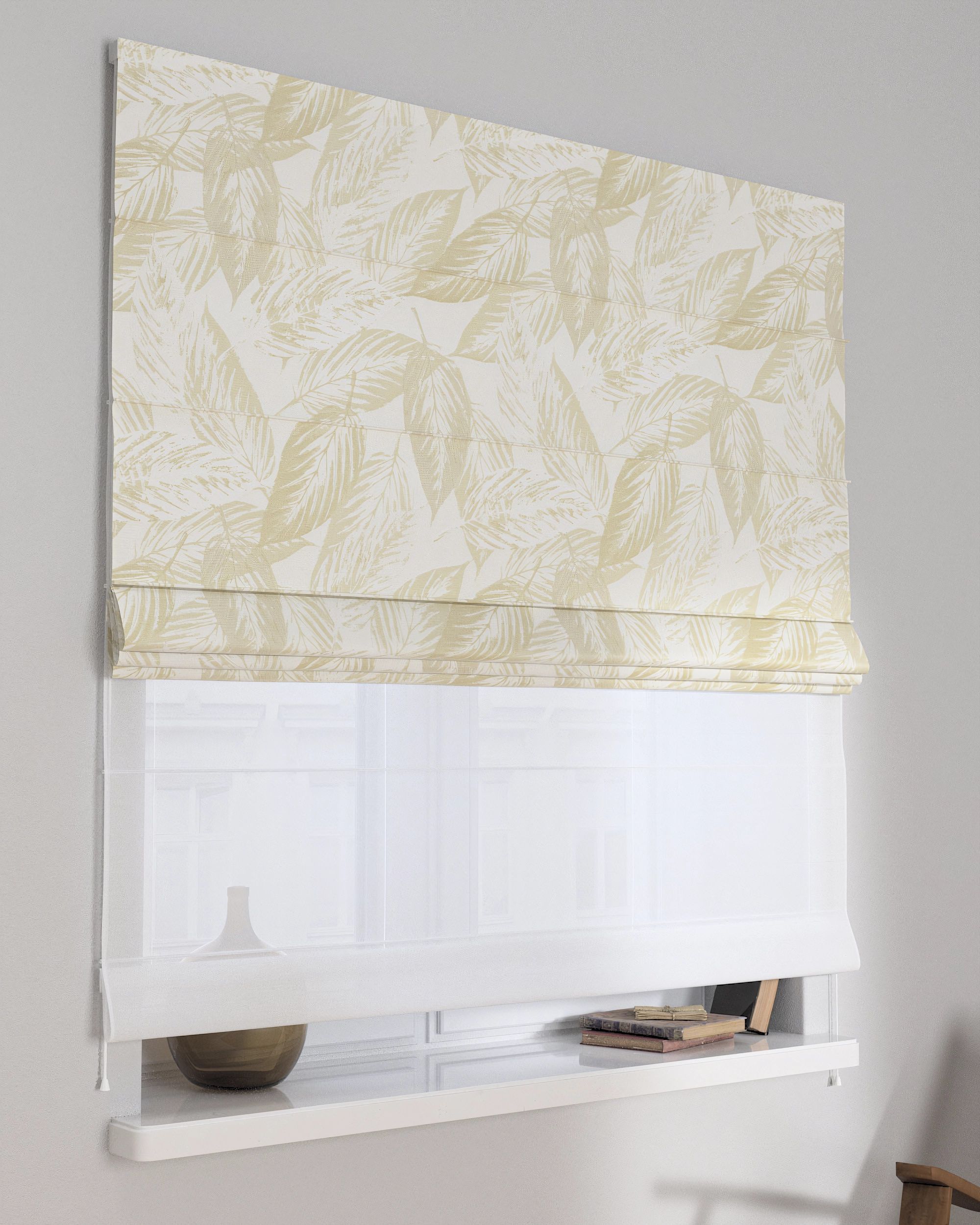 Double layered Roman blind DUO colour cream fabric gloss, structured, patterned