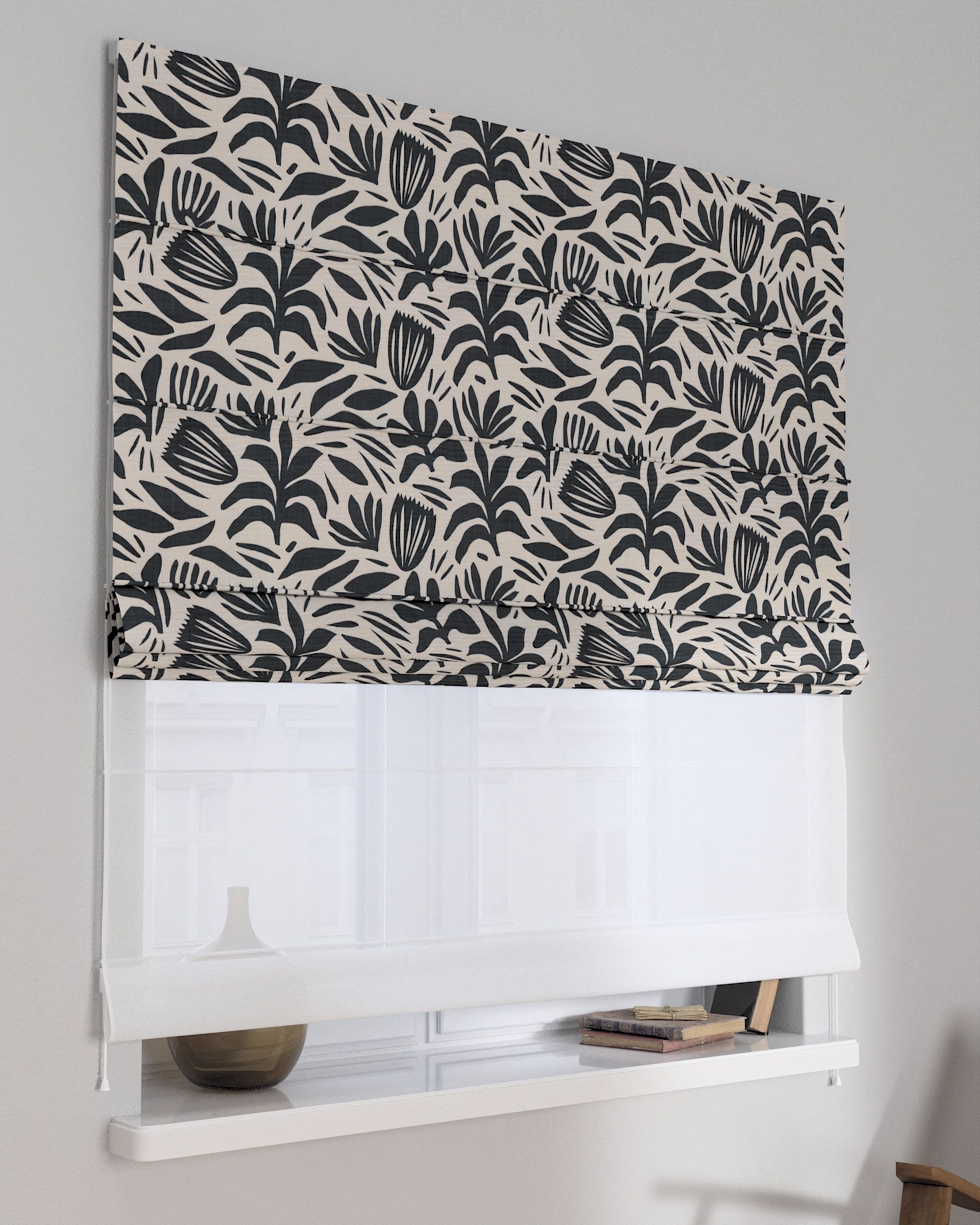 Double layered Roman blind DUO colour black fabric structured, patterned