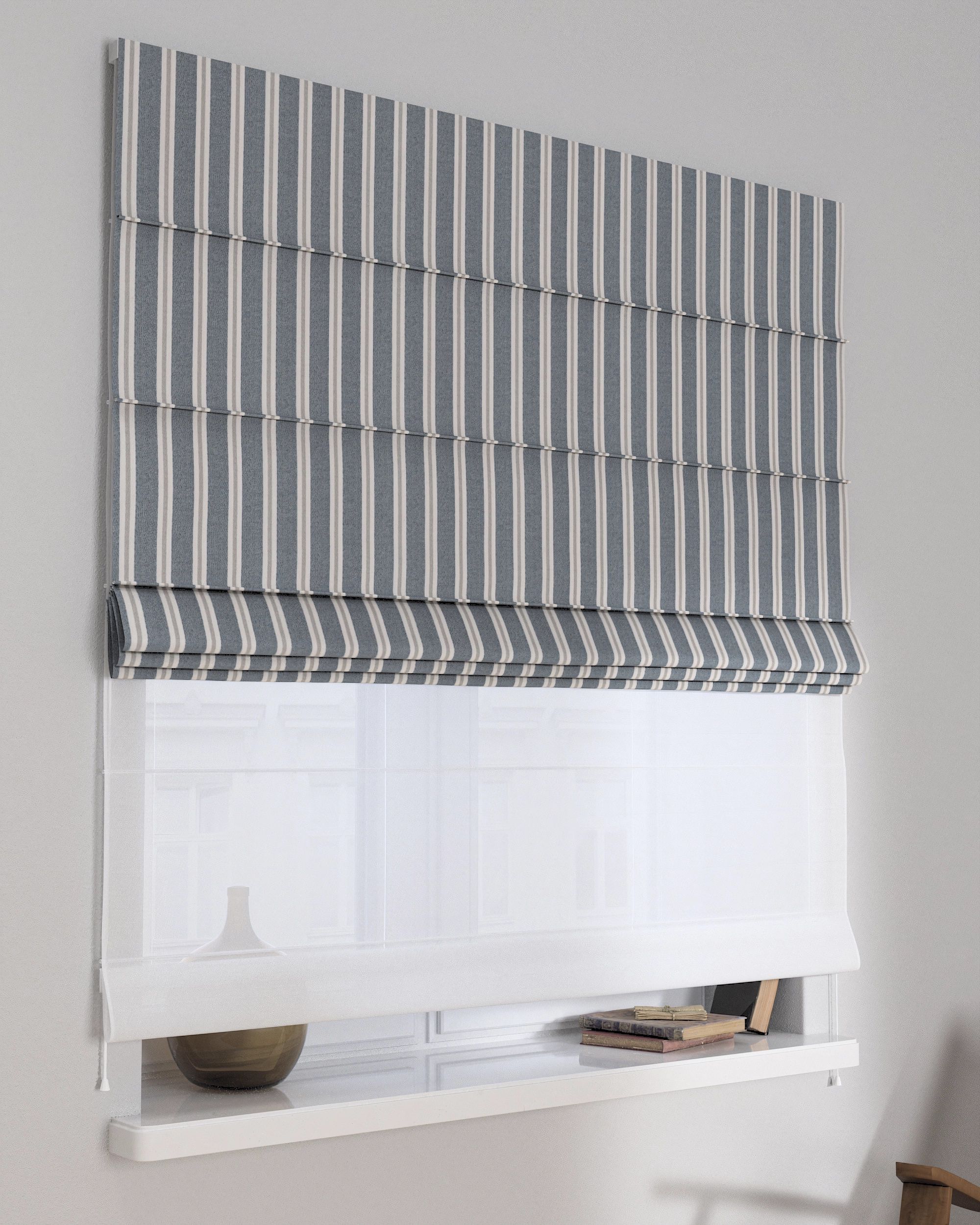 Double layered Roman blind DUO colour blue fabric structured, patterned