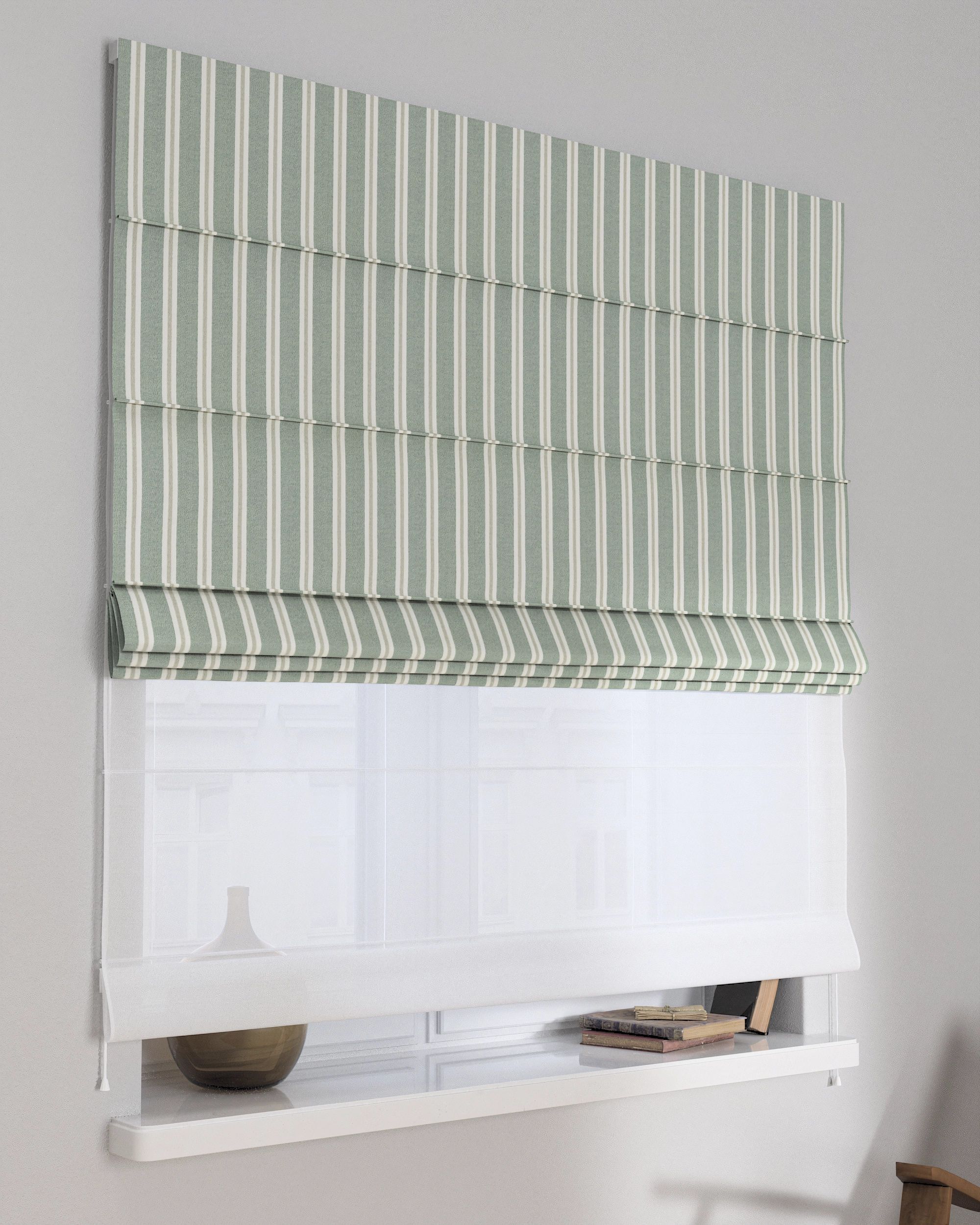 Double layered Roman blind DUO colour green fabric structured, patterned