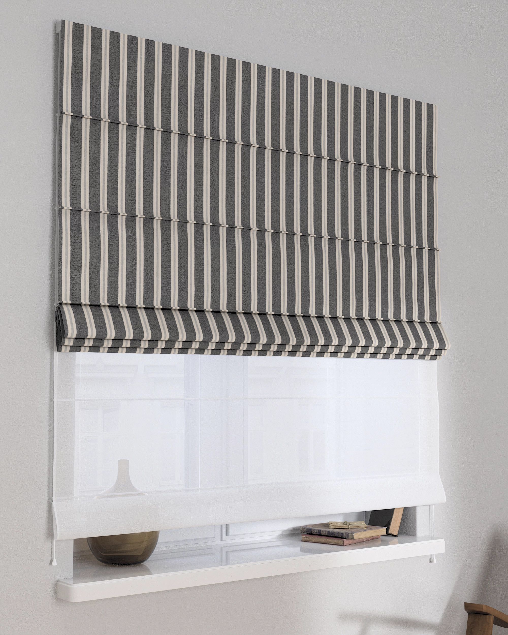 Double layered Roman blind DUO colour black fabric structured, patterned