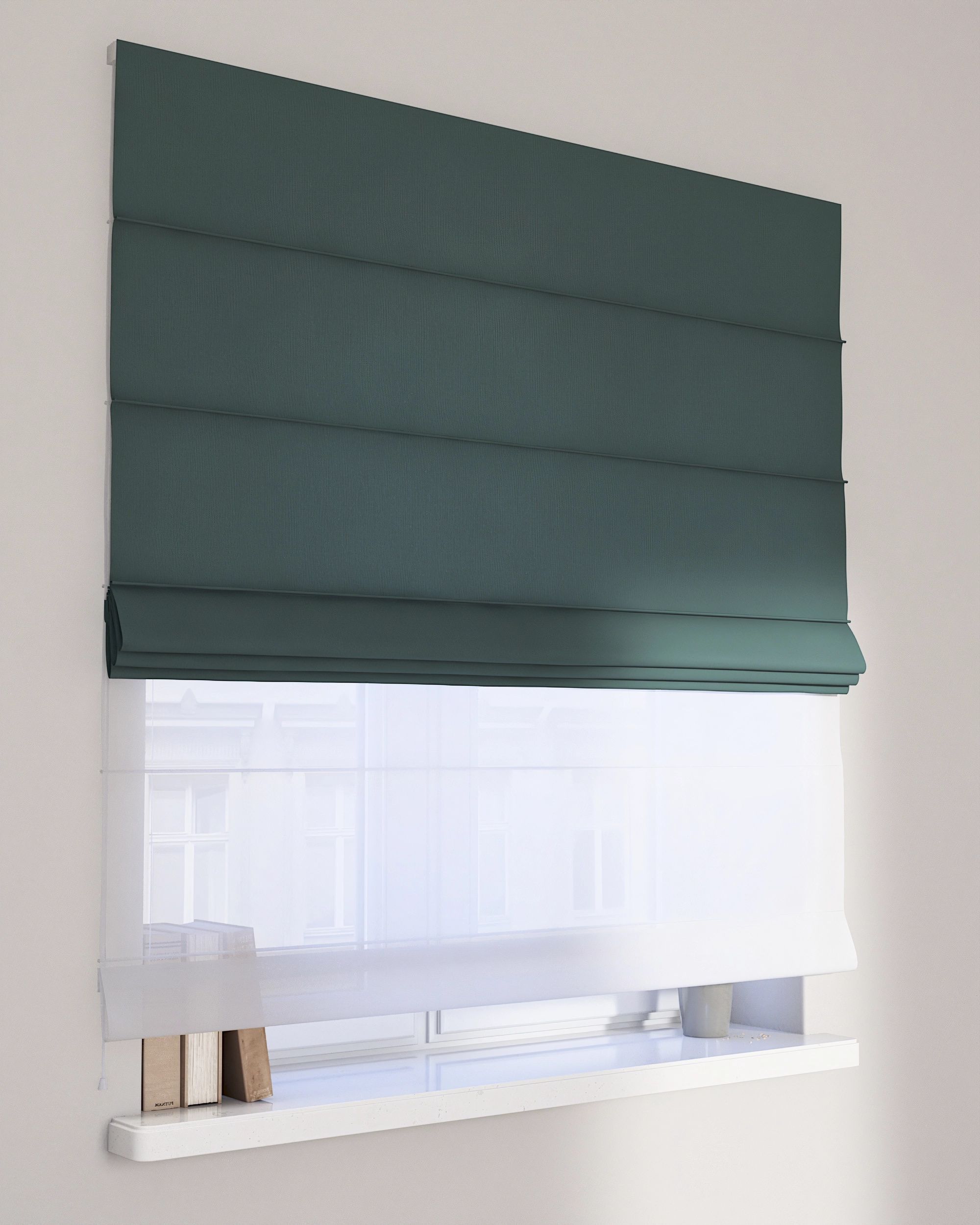 Double layered Roman blind DUO colour green fabric semi-sheer, structured