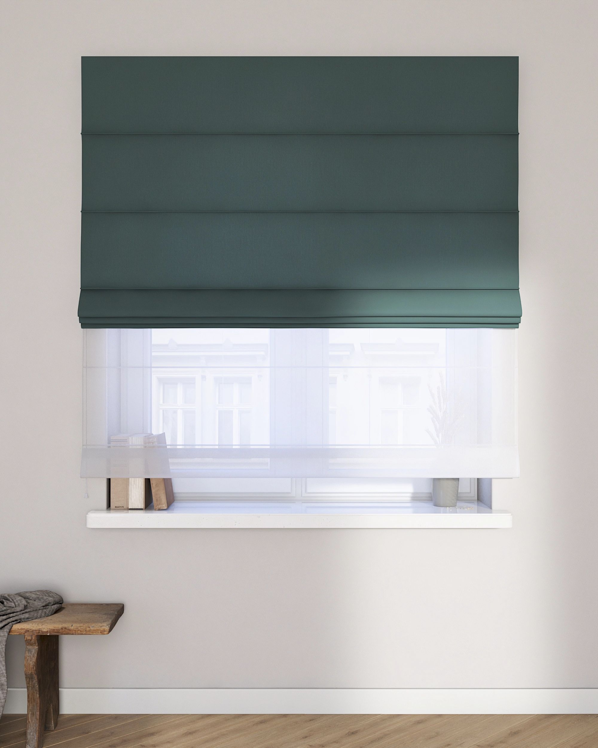 Double layered Roman blind DUO colour green fabric semi-sheer, structured (hover)