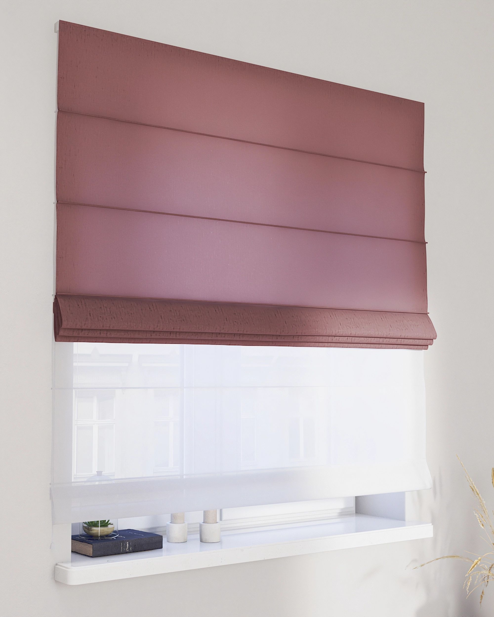 Double layered Roman blind DUO colour pink fabric semi-sheer, structured