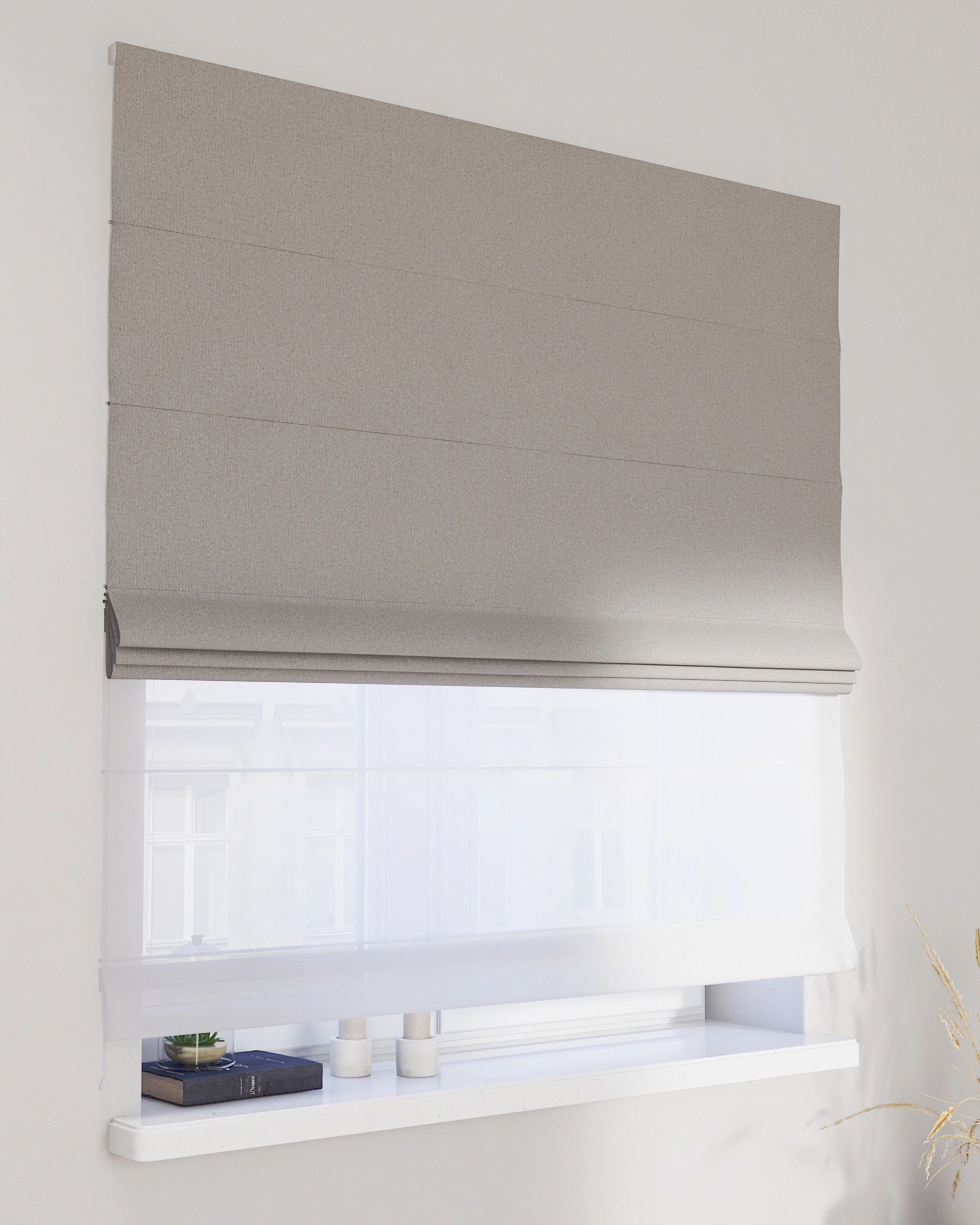 Double layered Roman blind DUO colour grey fabric structured, blackout