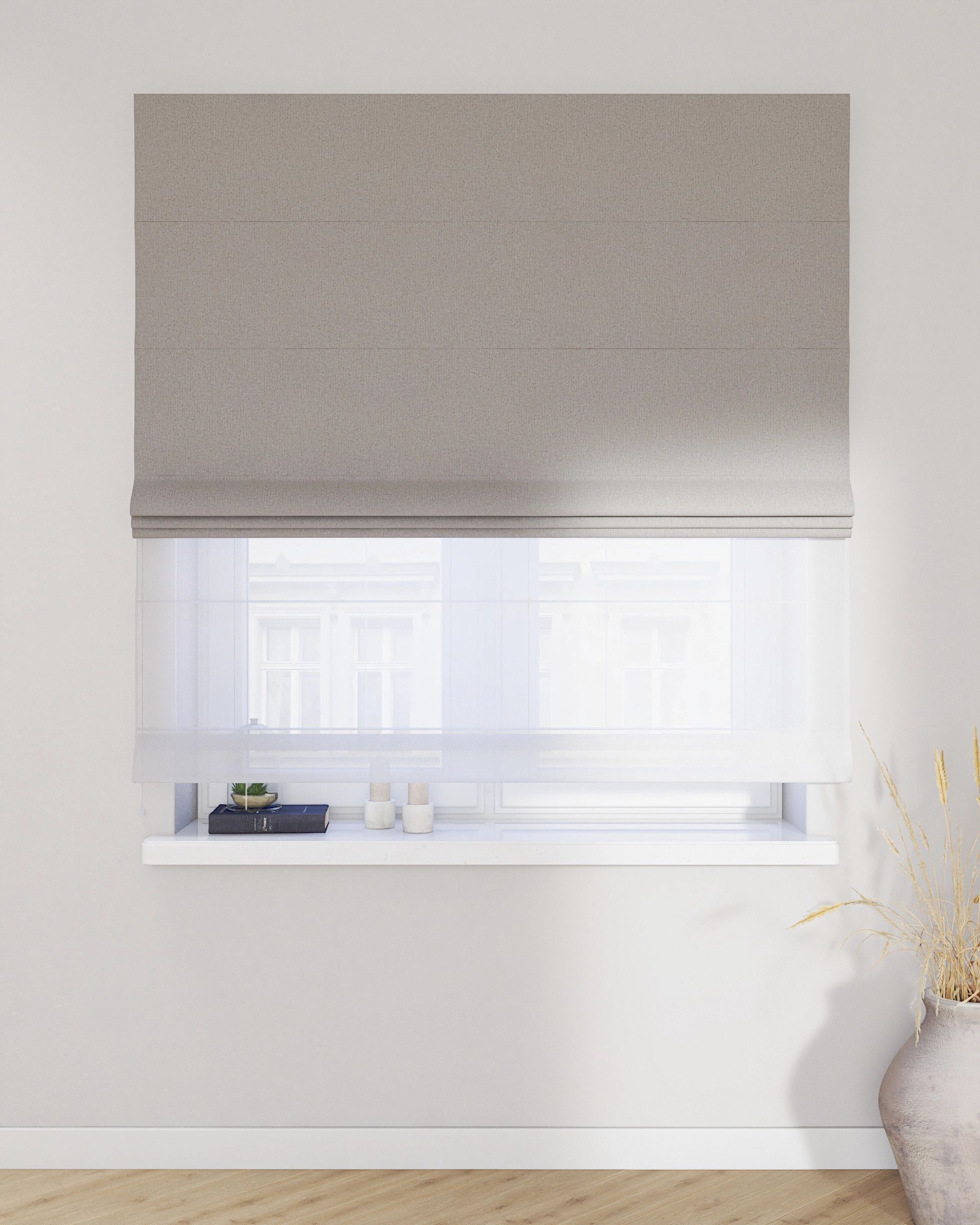 Double layered Roman blind DUO colour grey fabric structured, blackout (hover)