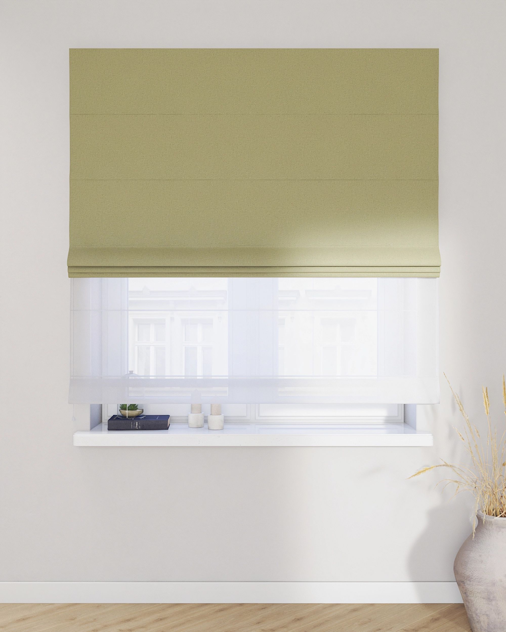 Double layered Roman blind DUO colour green fabric structured, blackout (hover)