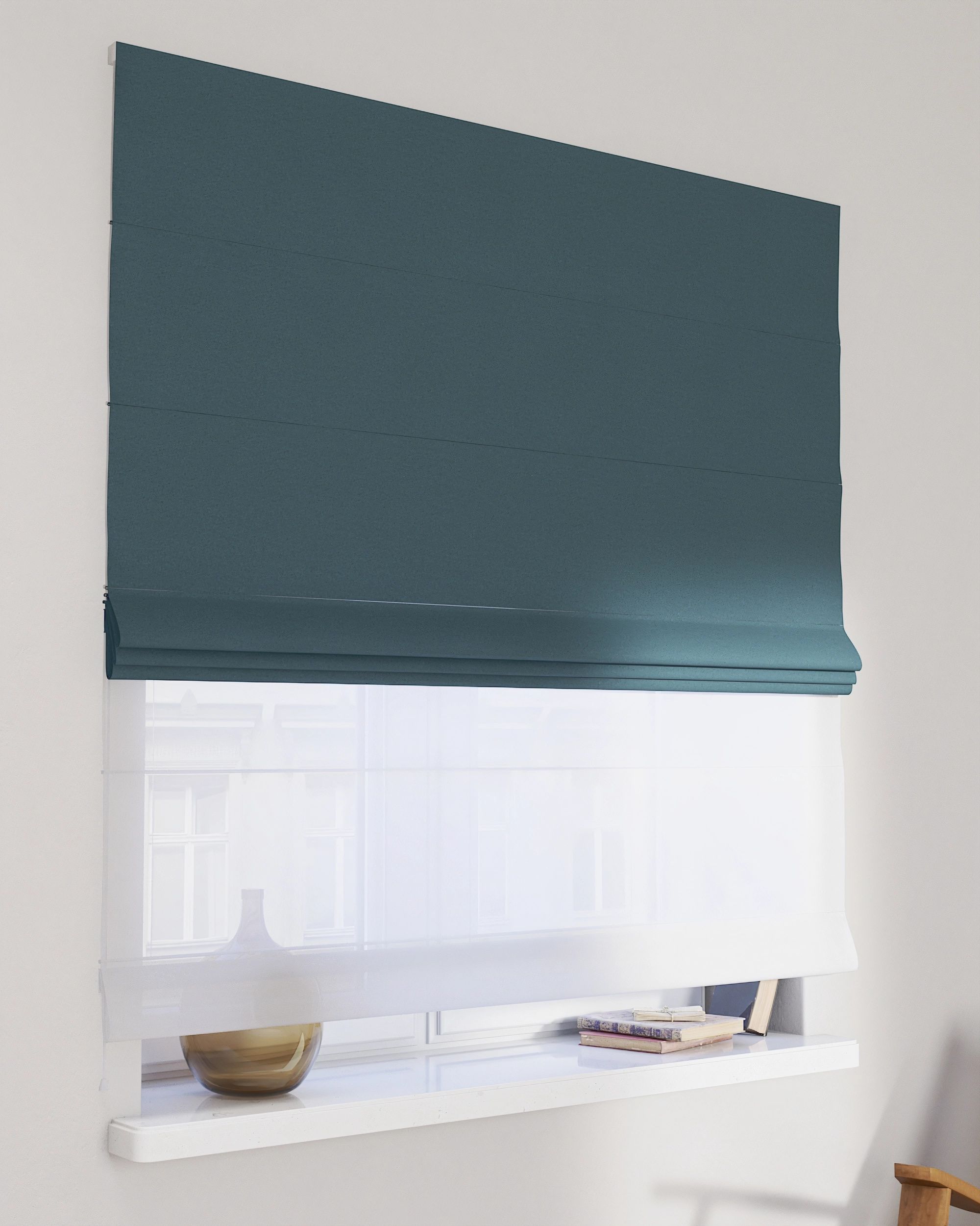Double layered Roman blind DUO colour blue fabric structured, blackout