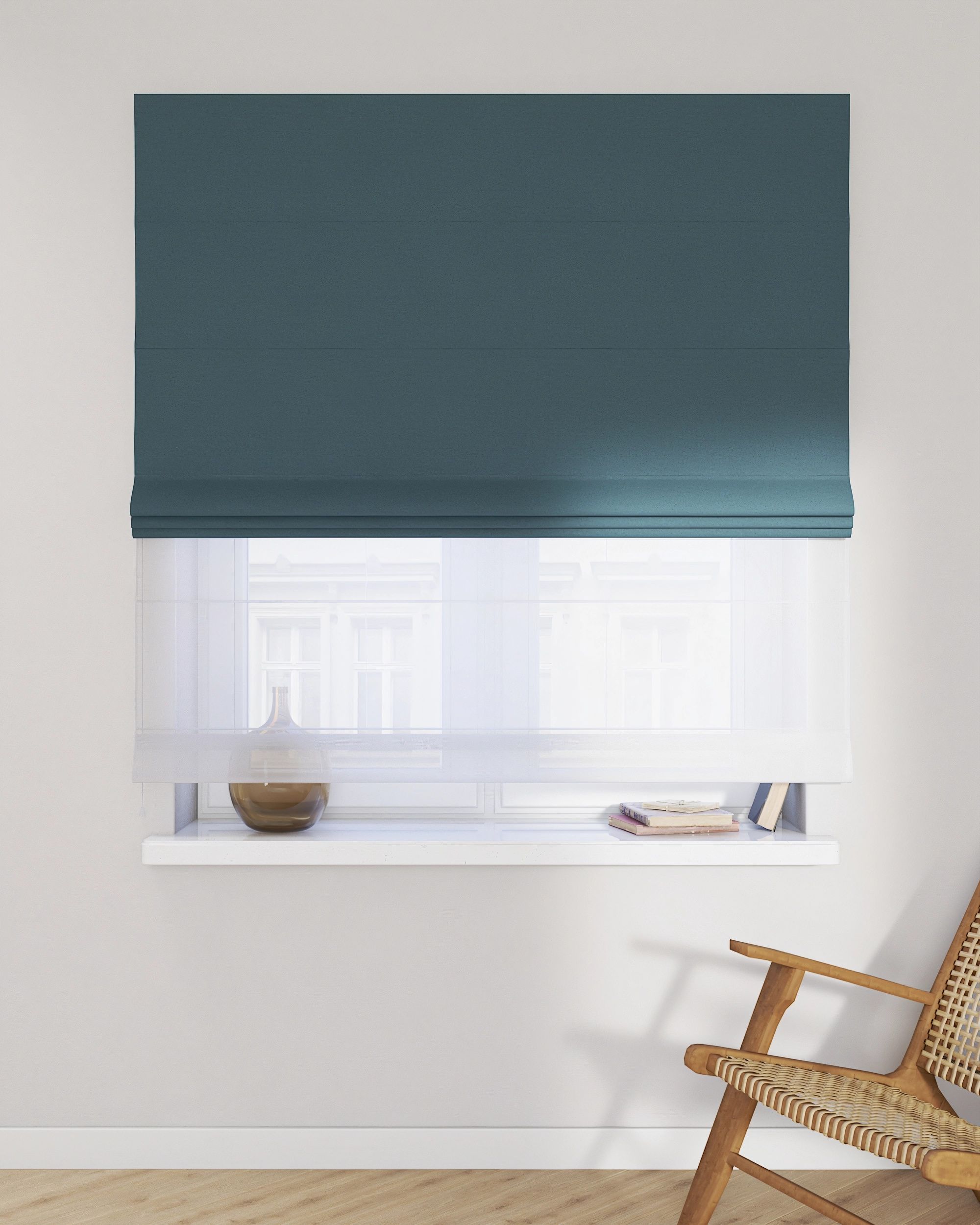 Double layered Roman blind DUO colour blue fabric structured, blackout (hover)