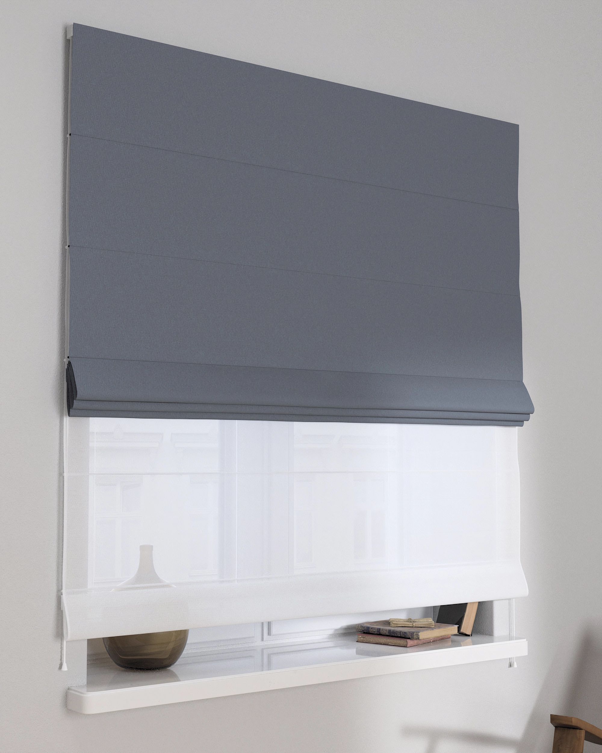 Double layered Roman blind DUO colour navy blue fabric blackout