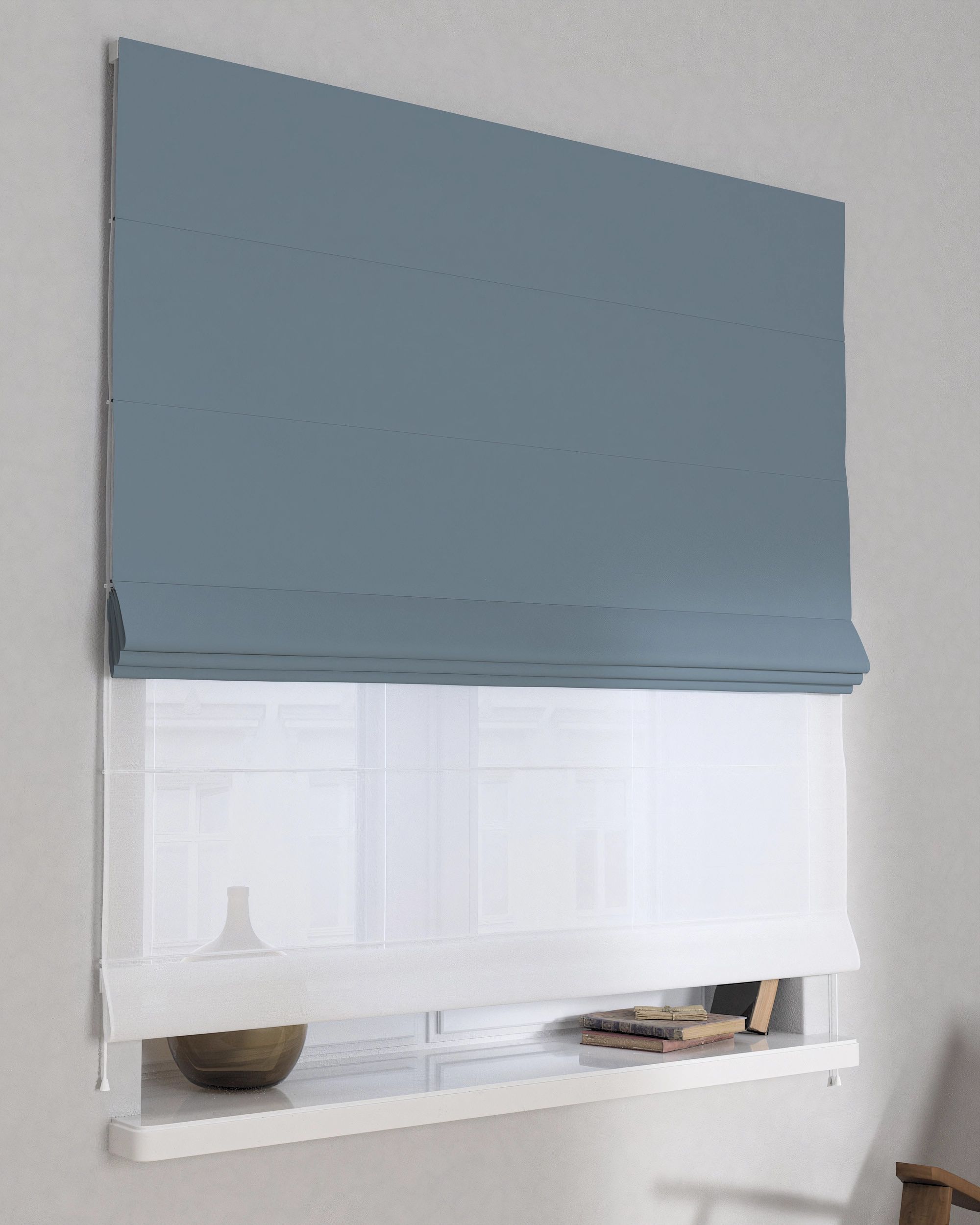 Double layered Roman blind DUO colour blue fabric blackout