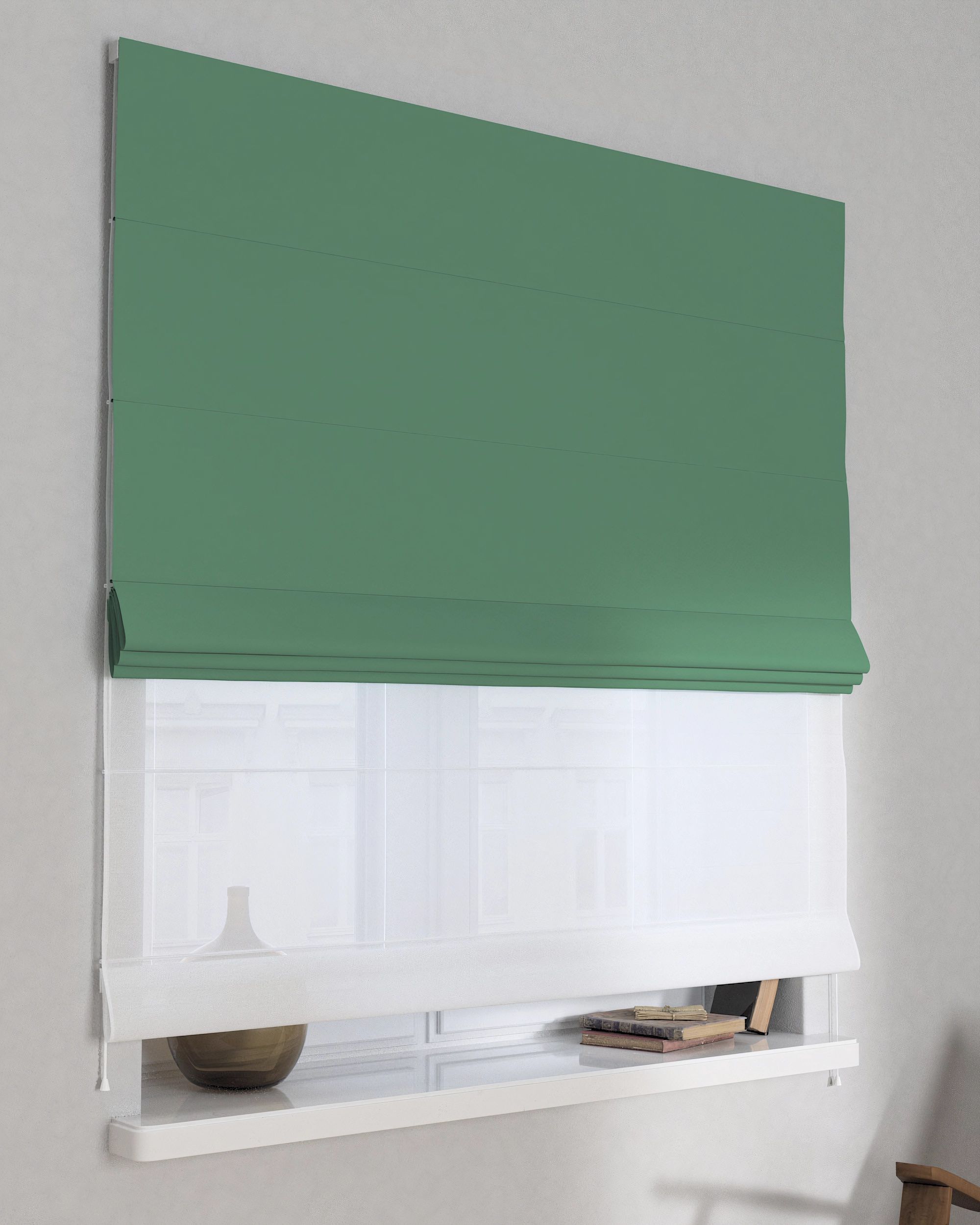 Double layered Roman blind DUO colour green fabric blackout