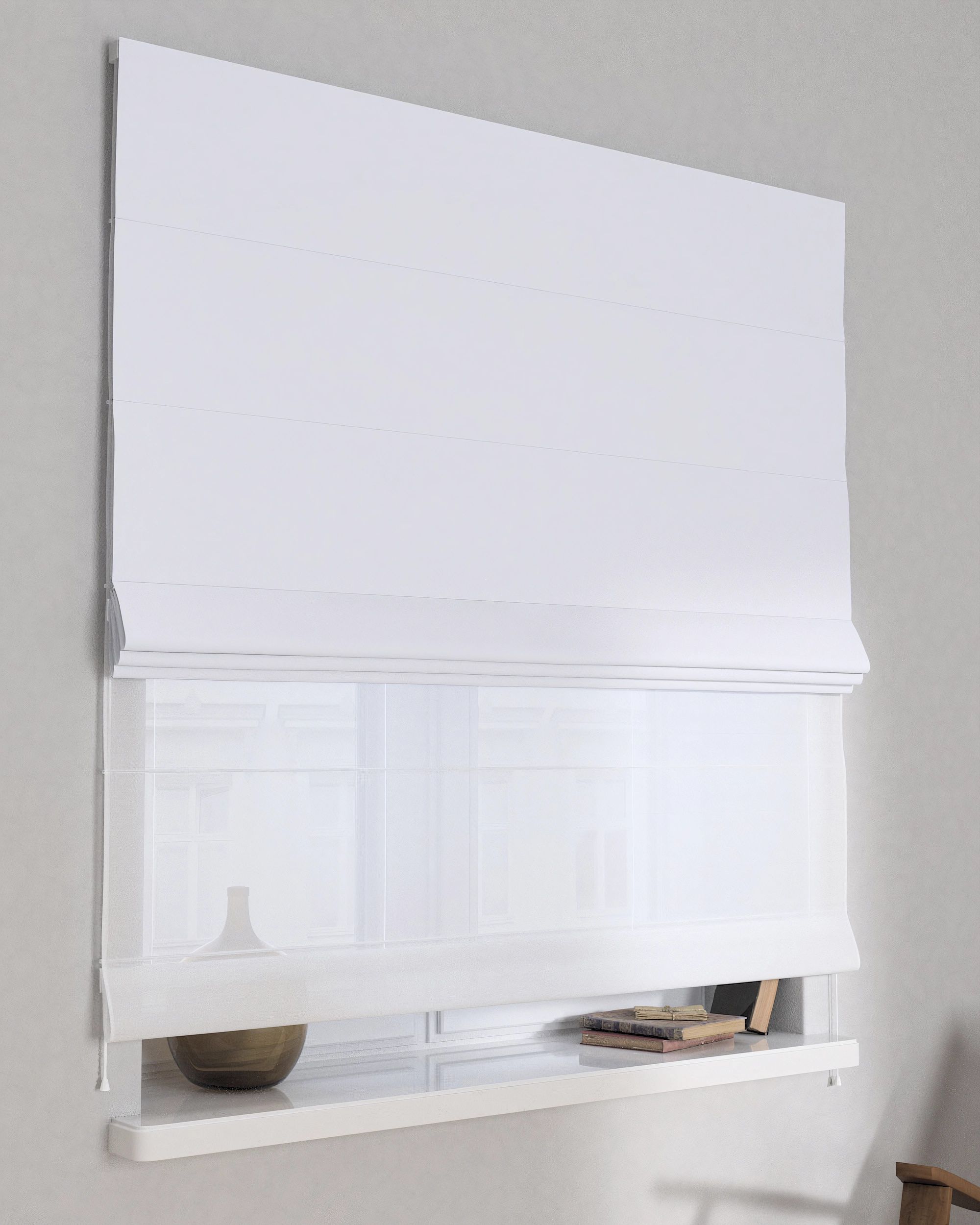 Double layered Roman blind DUO colour white fabric blackout