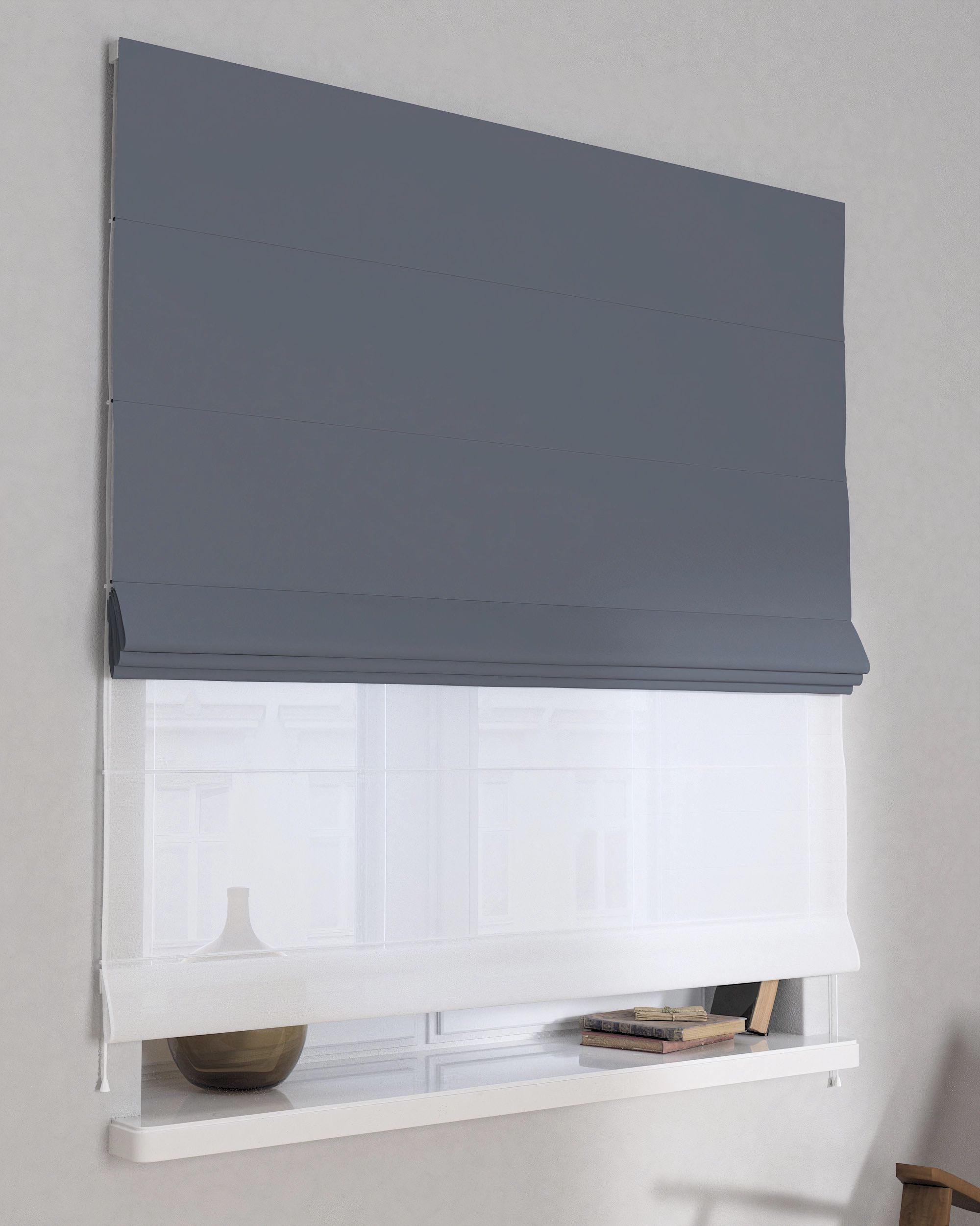 Double layered Roman blind DUO colour grey fabric blackout