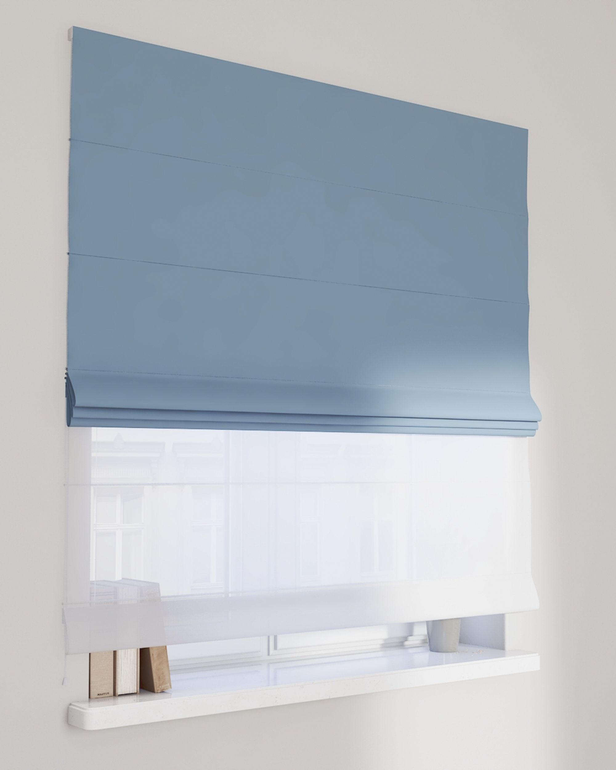 Double layered Roman blind DUO colour blue fabric blackout