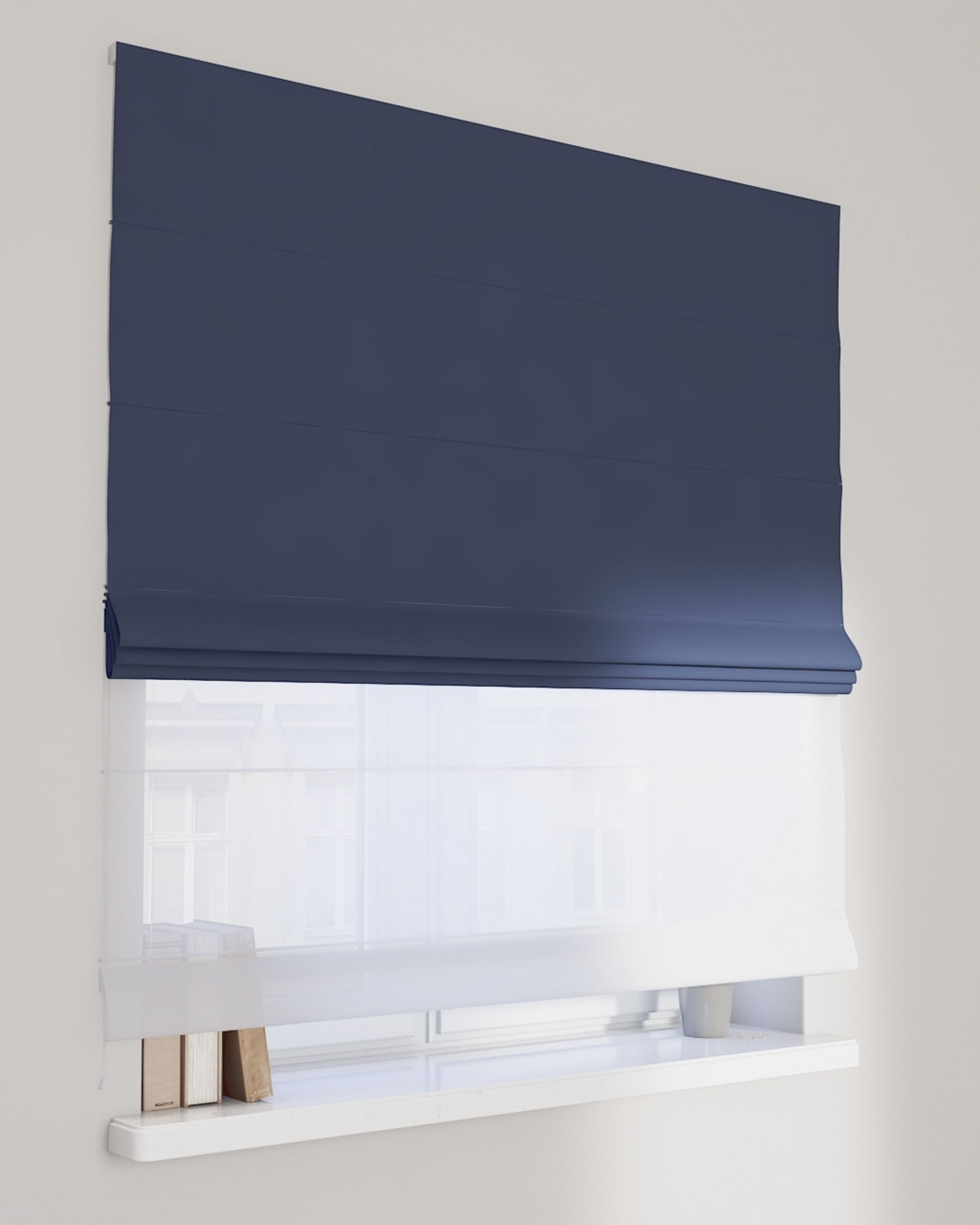 Double layered Roman blind DUO colour navy blue fabric blackout