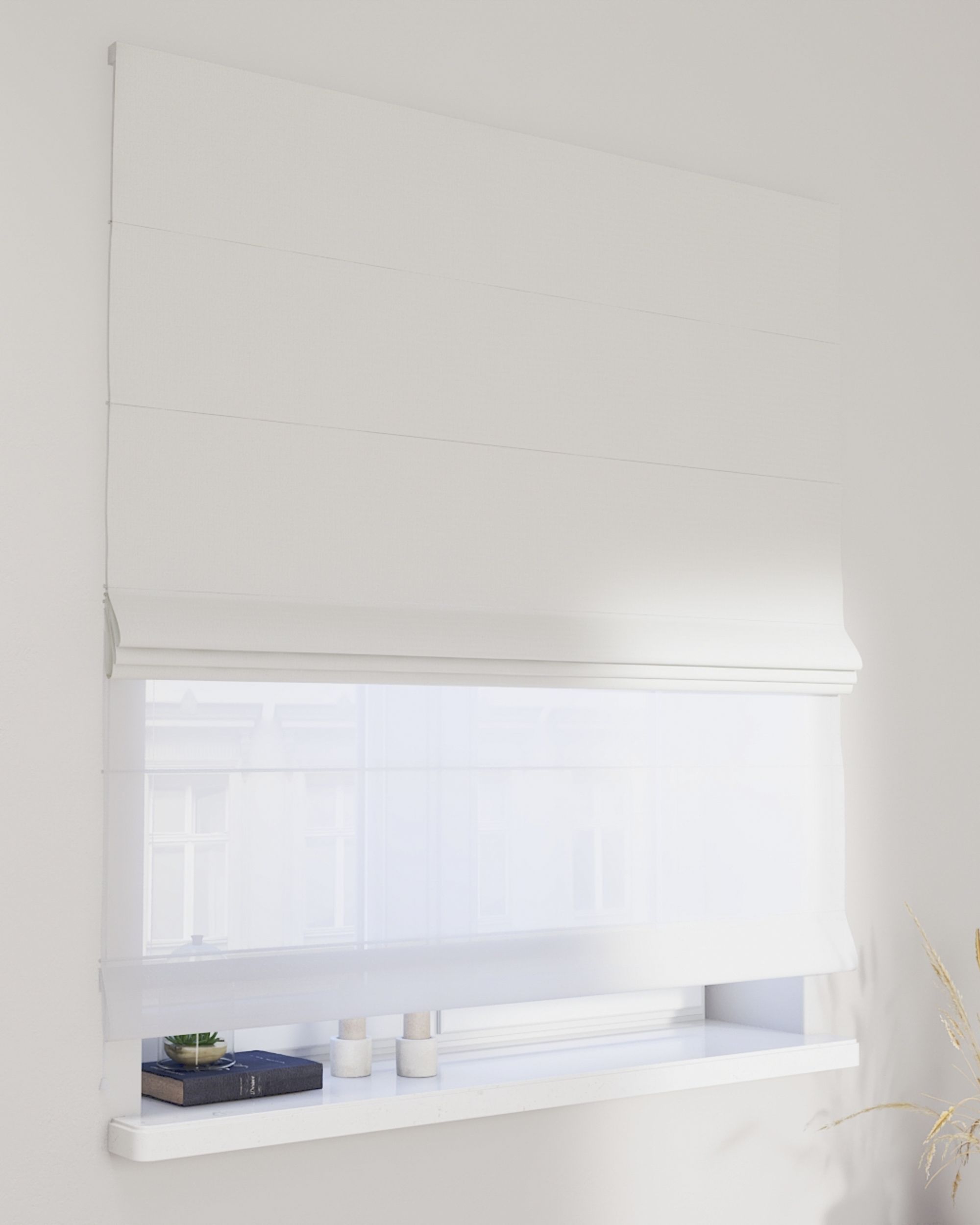 Double layered Roman blind DUO colour white fabric structured, blackout