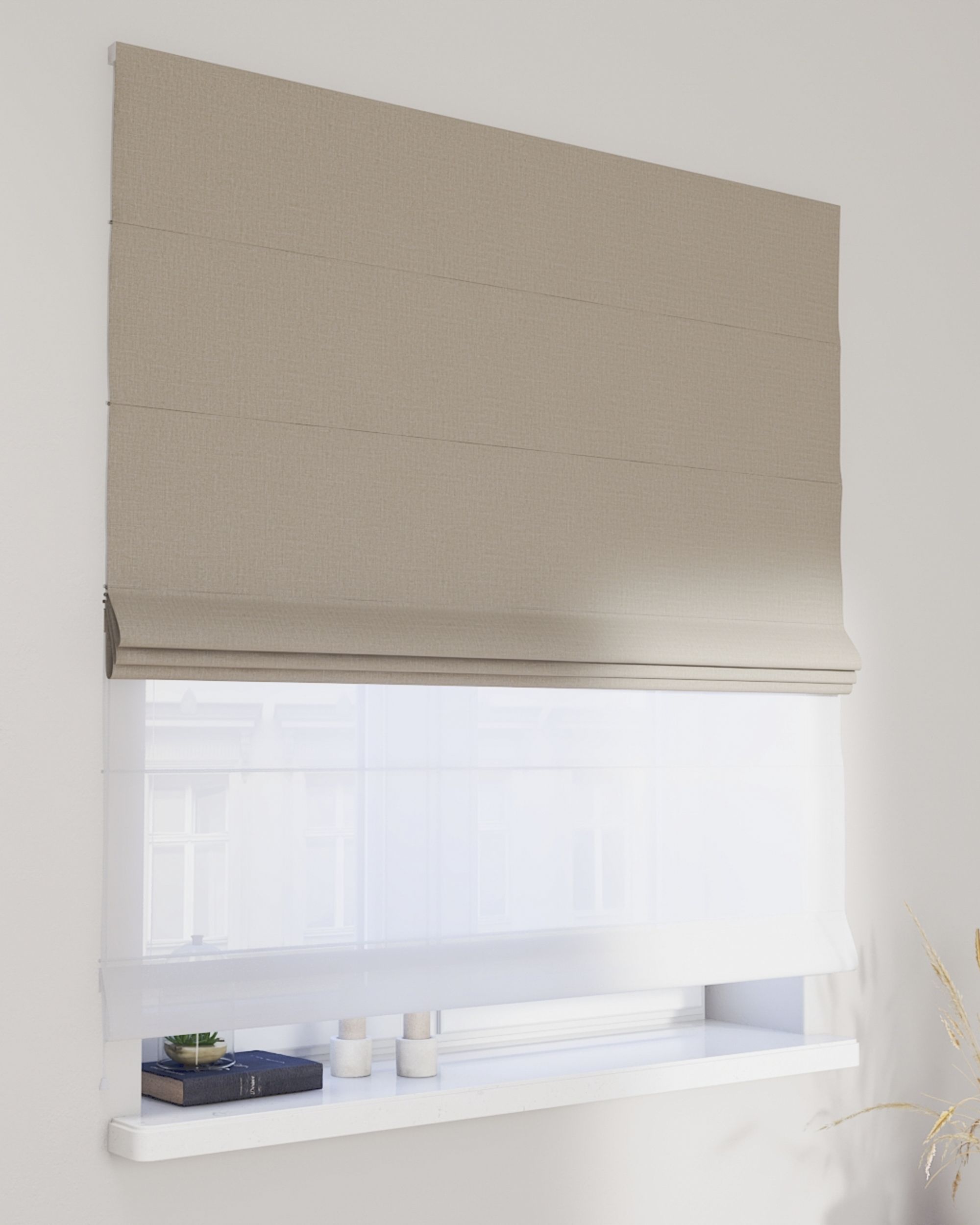 Double layered Roman blind DUO colour beige fabric structured, blackout