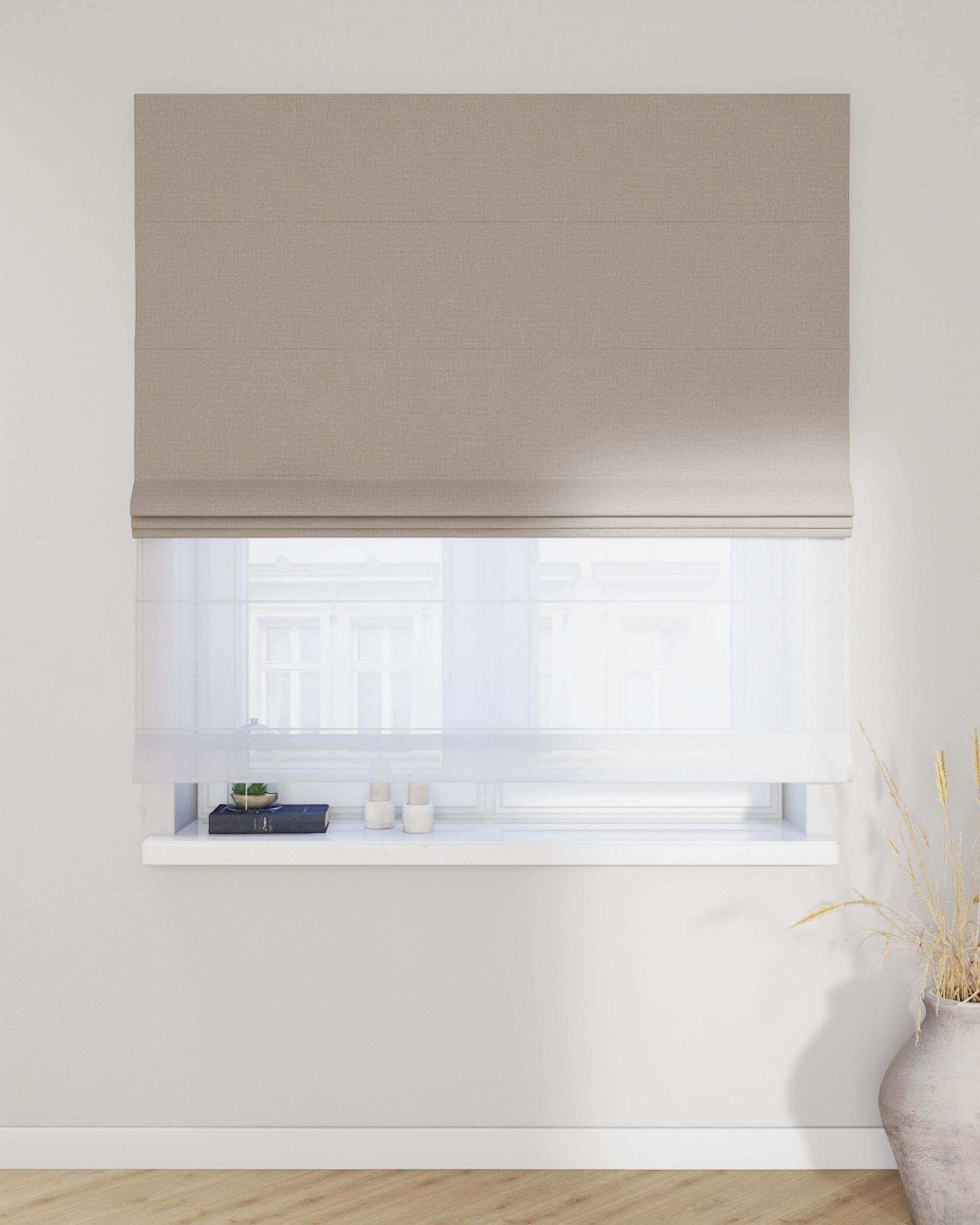 Double layered Roman blind DUO colour beige fabric structured, blackout (hover)