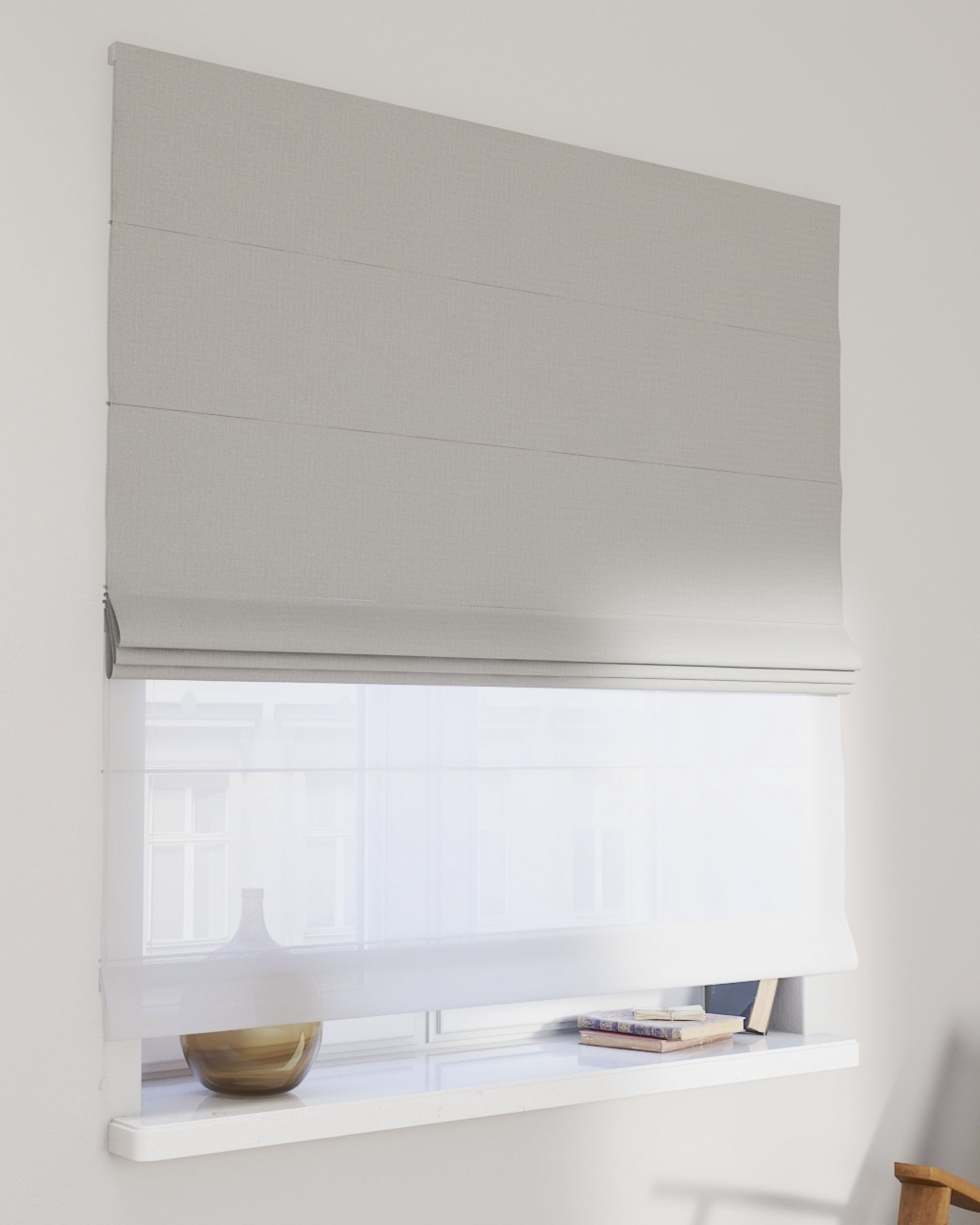 Double layered Roman blind DUO colour grey fabric structured, blackout