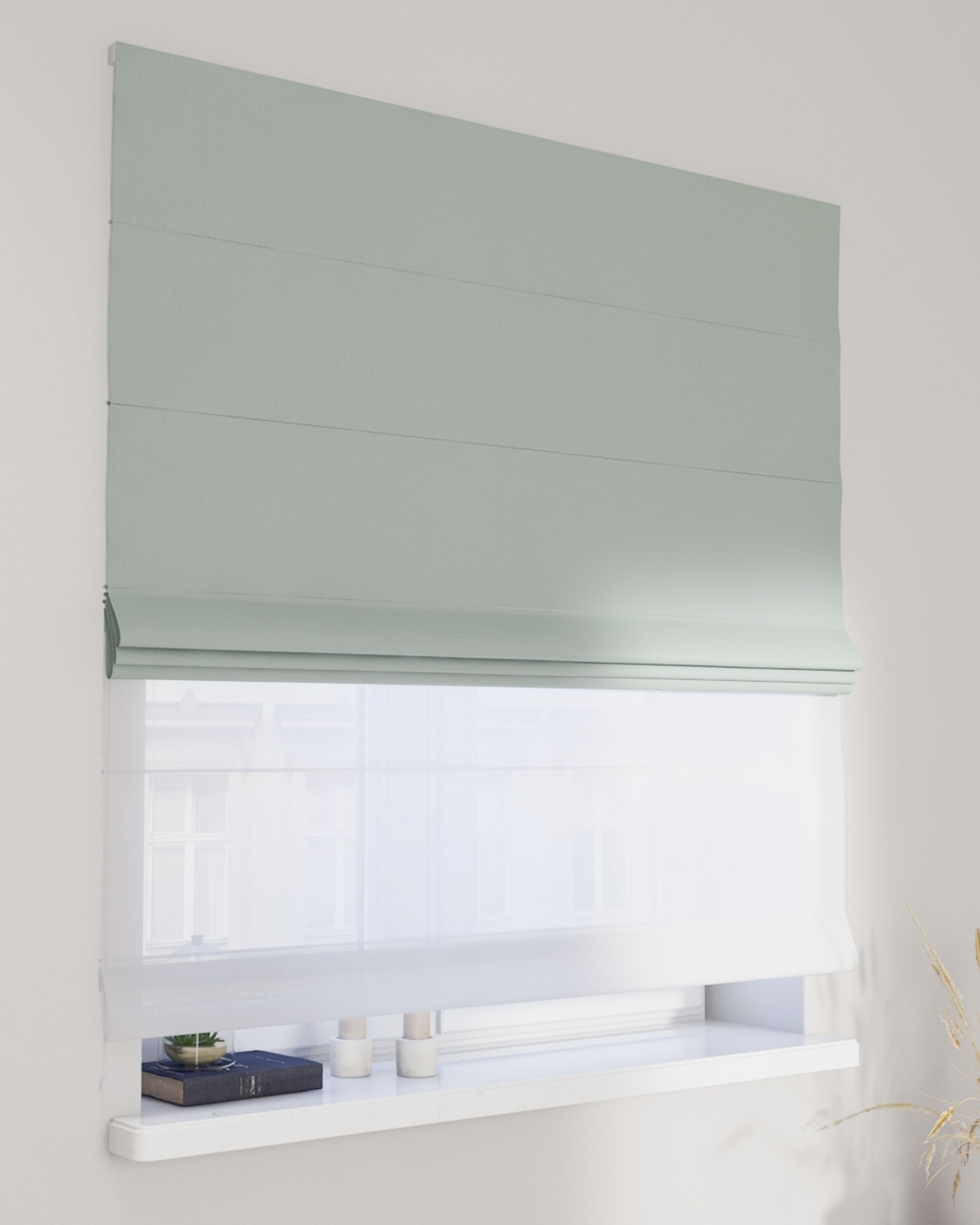 Double layered Roman blind DUO colour green fabric structured, blackout
