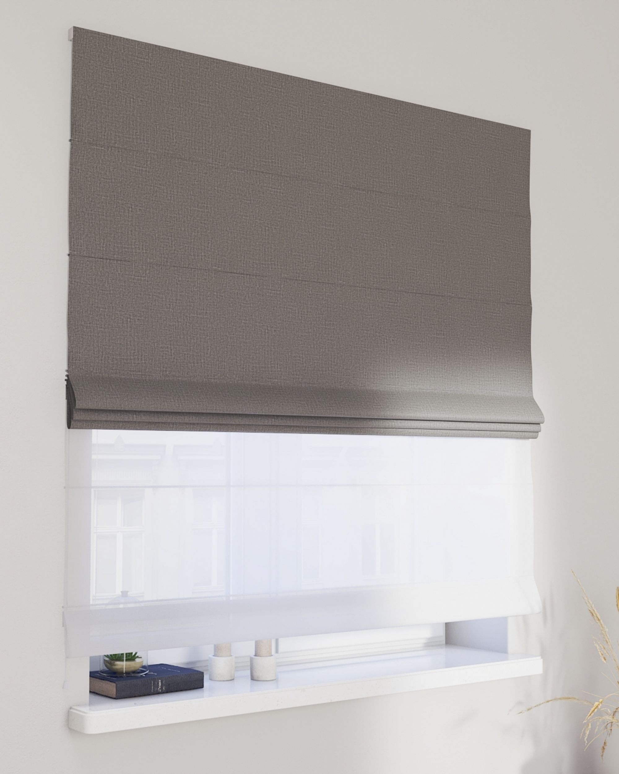 Double layered Roman blind DUO colour grey fabric structured, blackout