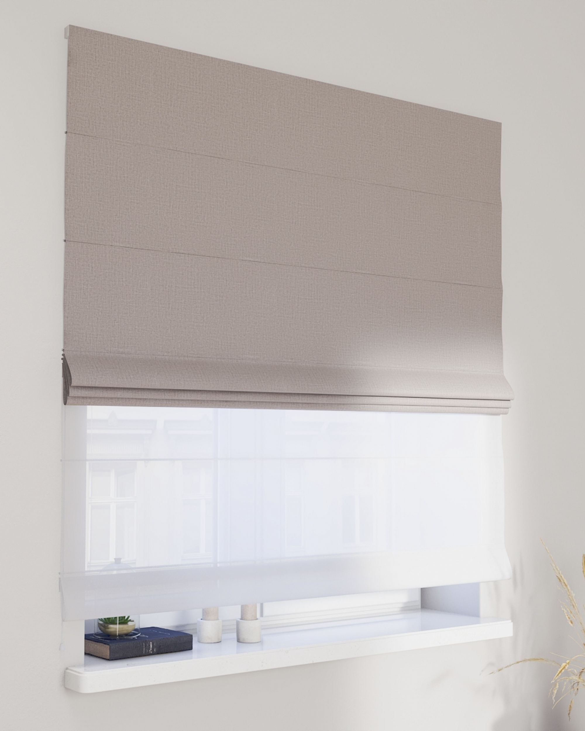 Double layered Roman blind DUO colour grey fabric structured, blackout
