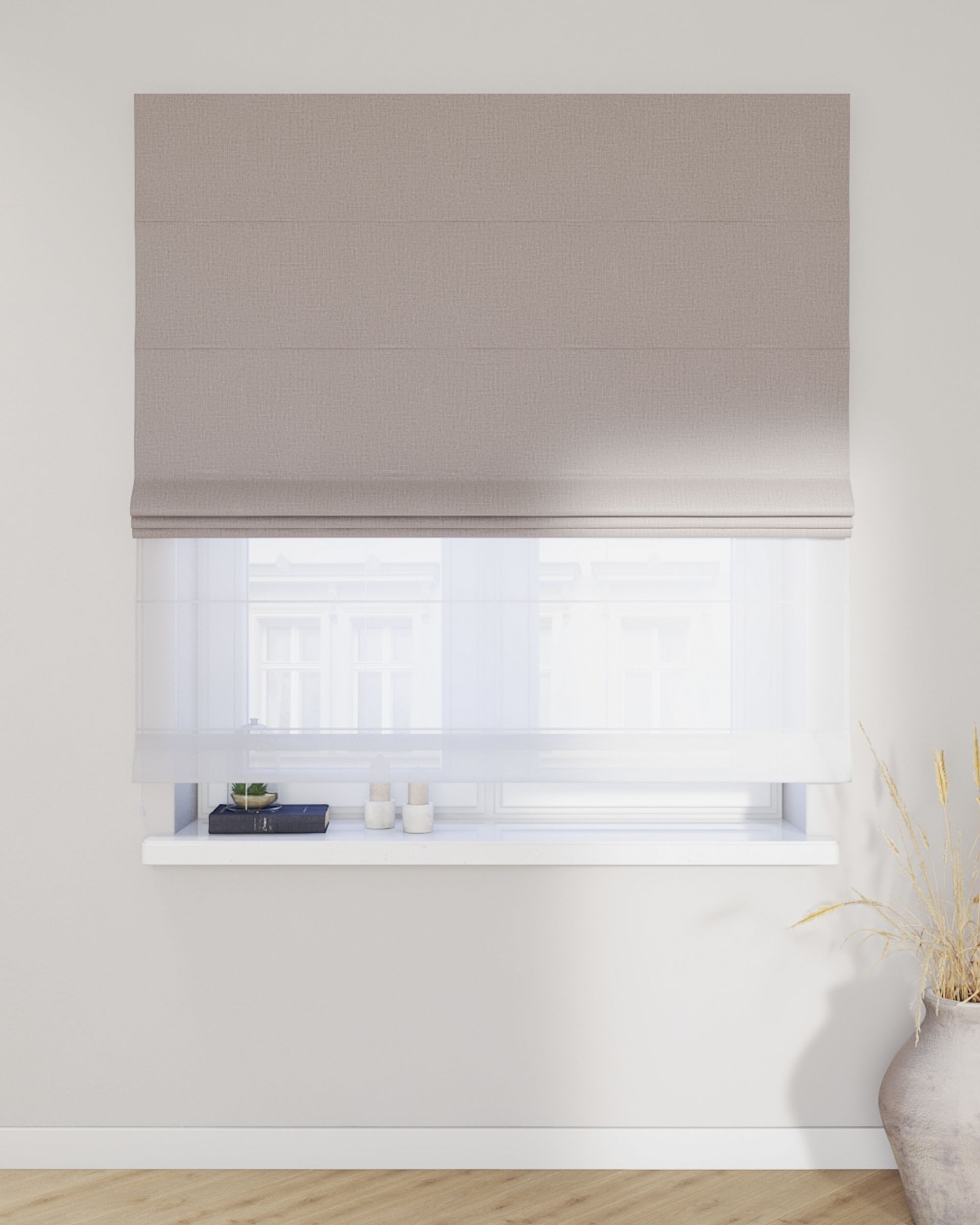 Double layered Roman blind DUO colour grey fabric structured, blackout (hover)