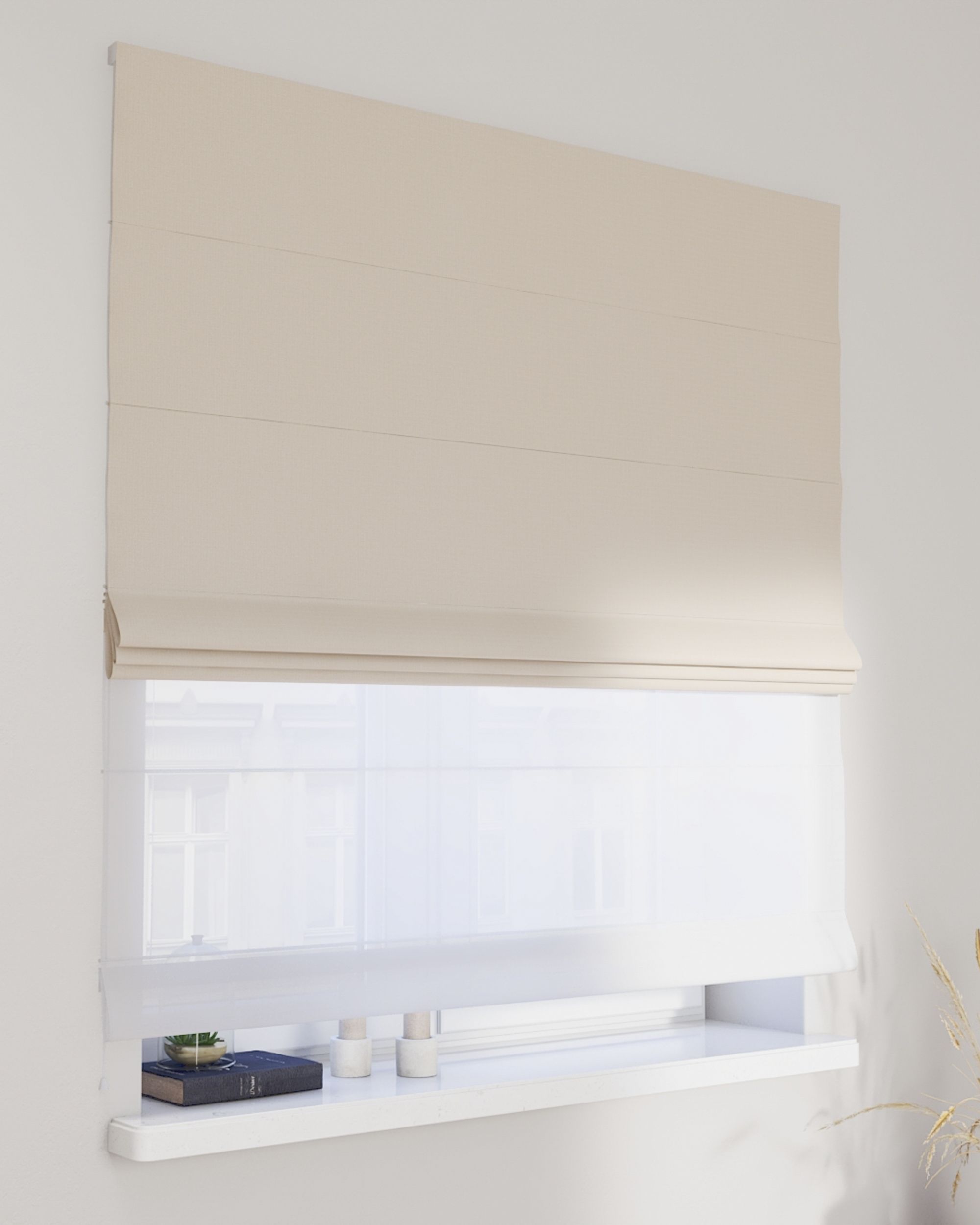 Double layered Roman blind DUO colour cream fabric structured, blackout