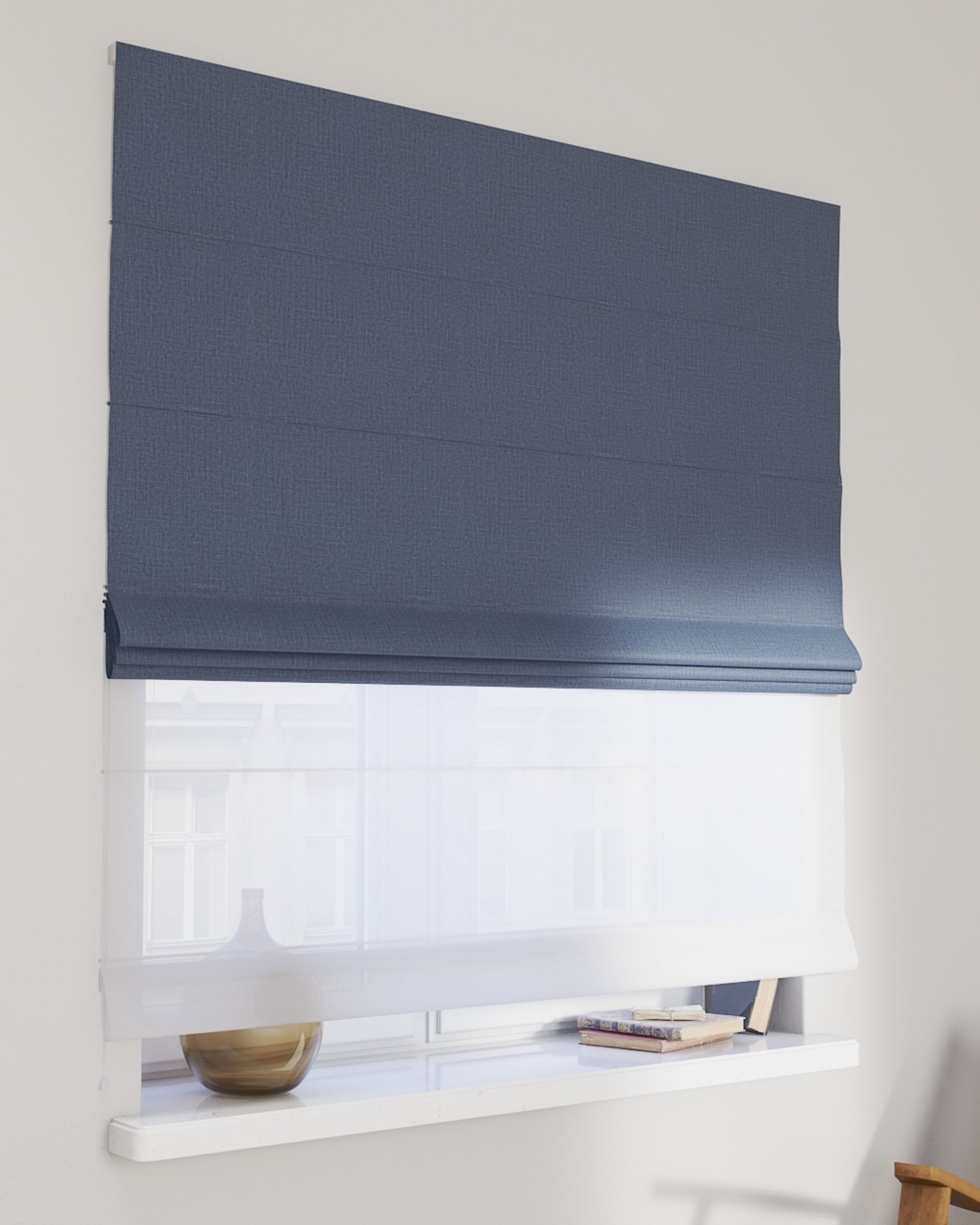 Double layered Roman blind DUO colour blue fabric structured, blackout
