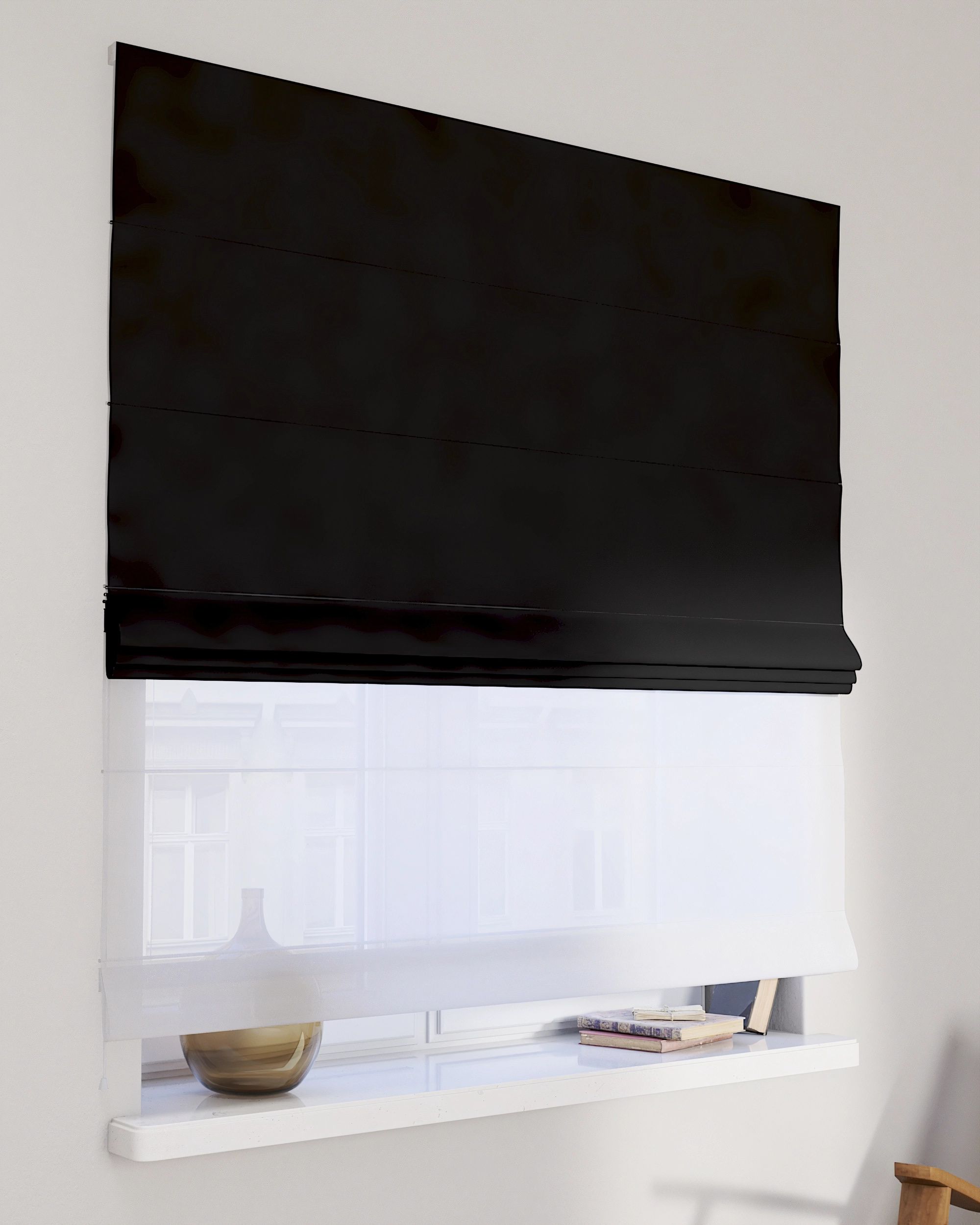 Double layered Roman blind DUO colour black fabric blackout