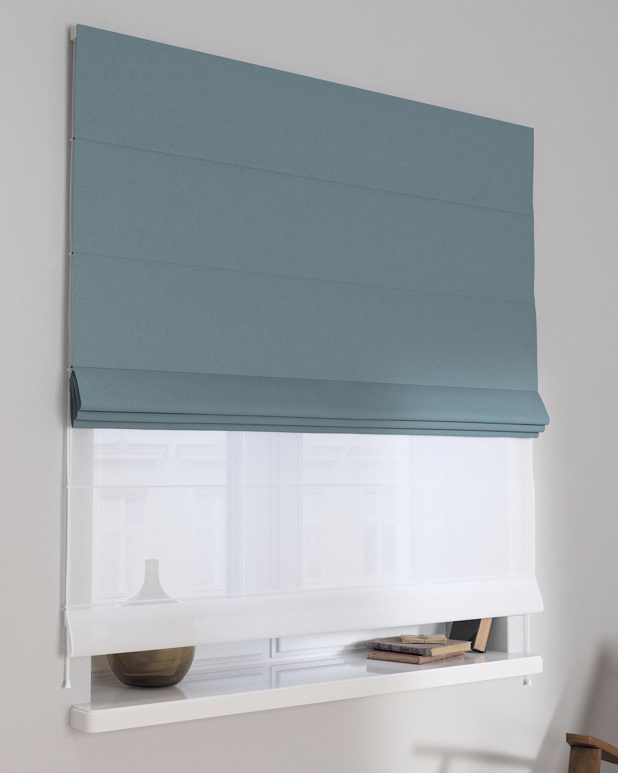 Double layered Roman blind DUO colour blue fabric structured, blackout