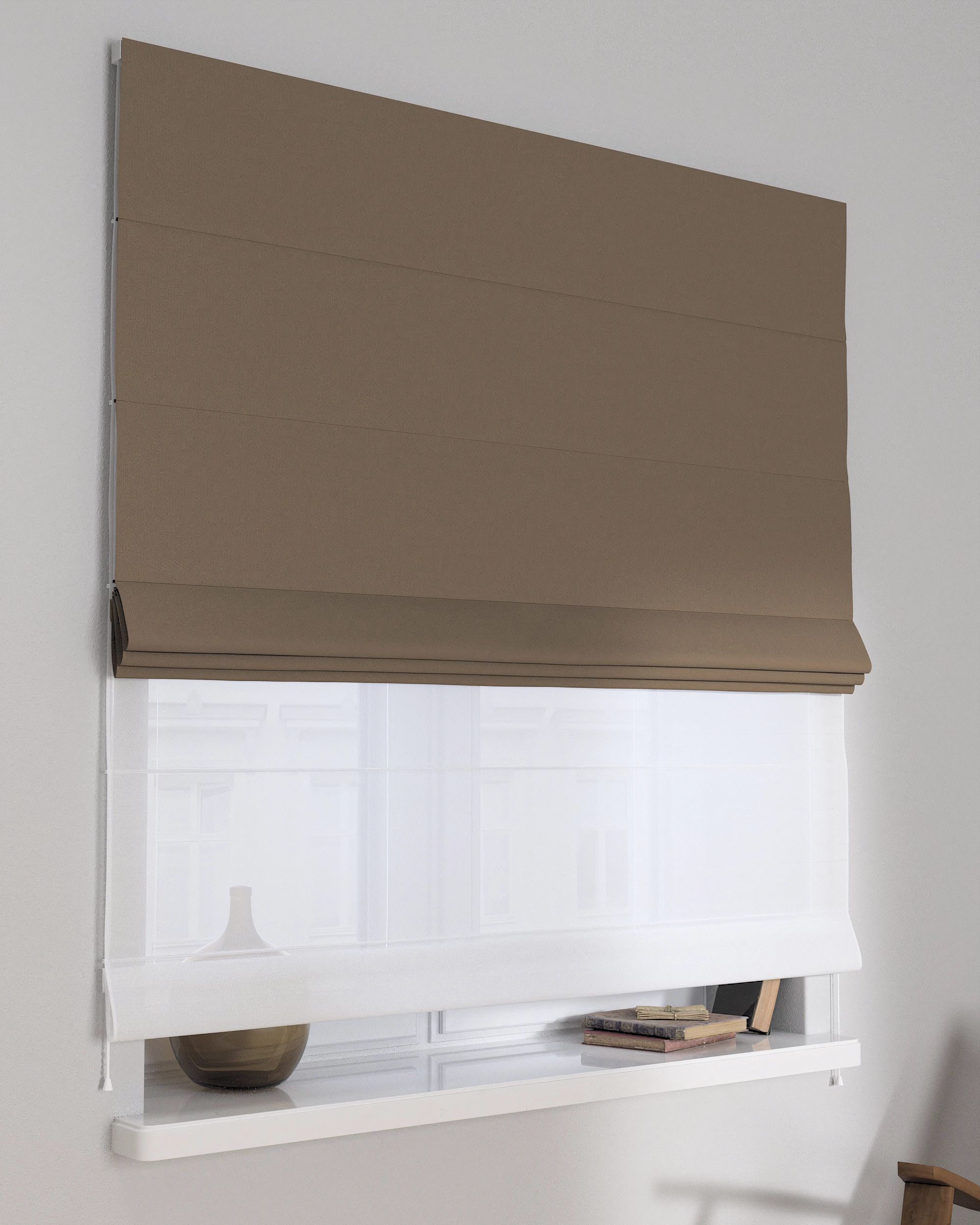 Double layered Roman blind DUO colour brown fabric structured, blackout