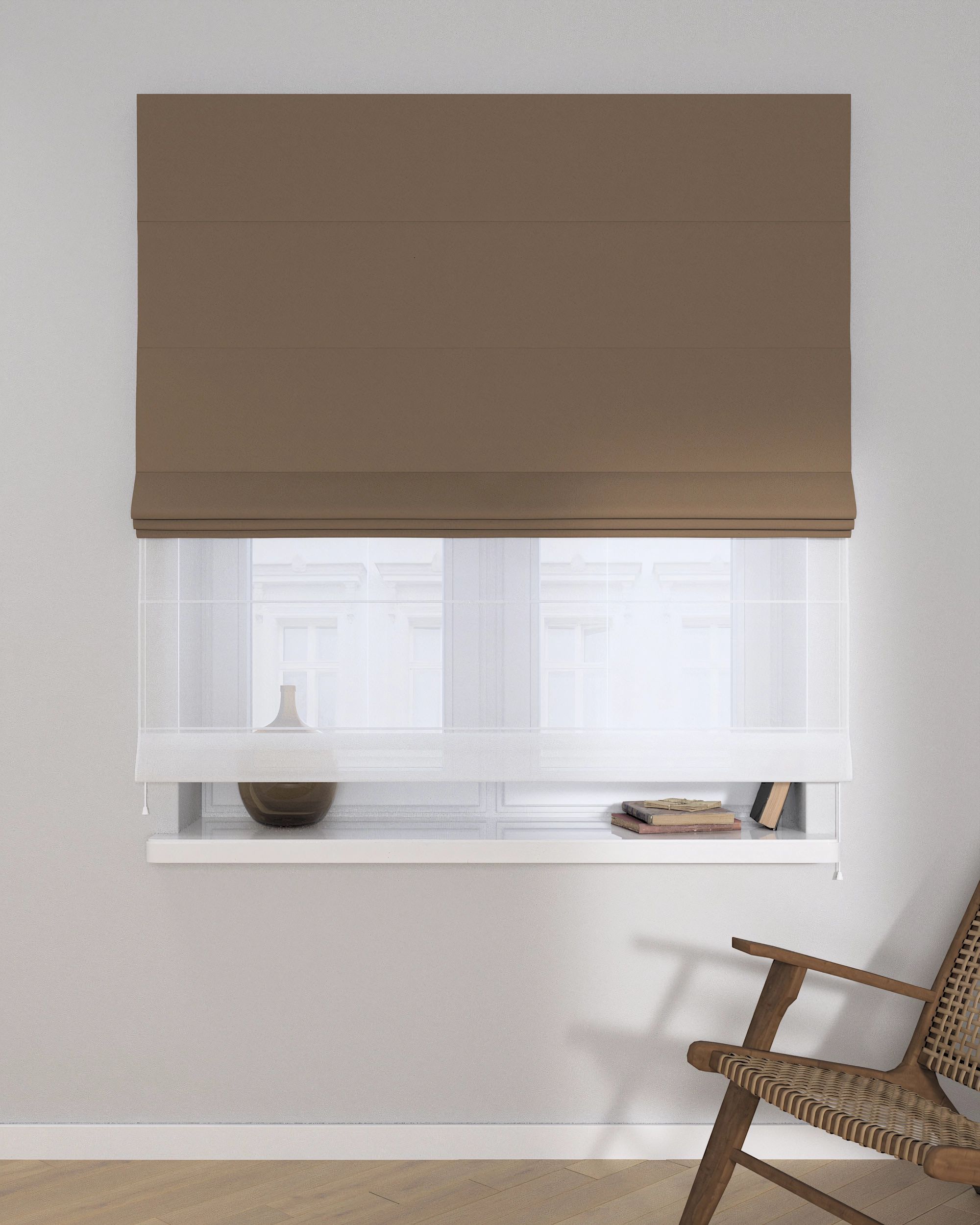 Double layered Roman blind DUO colour brown fabric blackout (hover)
